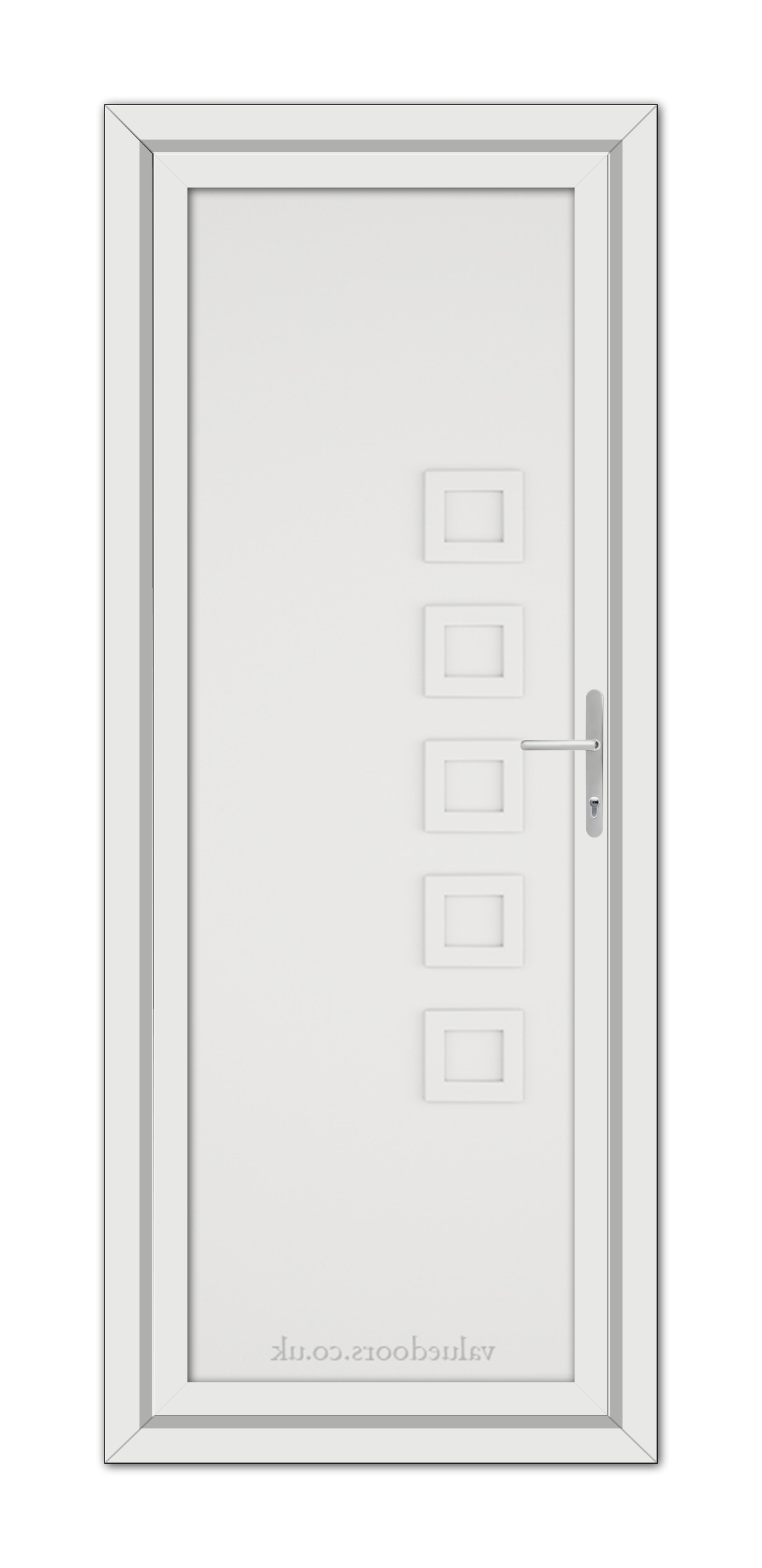 A White Malaga Solid uPVC Door with a metallic handle and multiple small square windows arranged vertically on the left side.