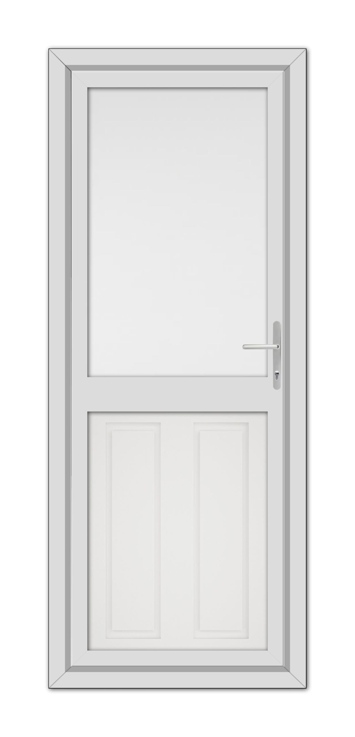 A closed White Manor Half uPVC Back Door with a small rectangular window on the top half and a metallic handle on the right side, set within a simple frame.