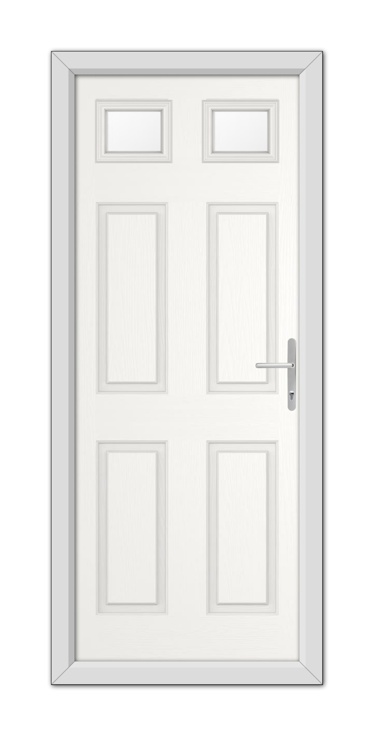 A White Middleton Glazed 2 Composite Door 48mm Timber Core with a metal handle, set in a simple frame, viewed frontally.