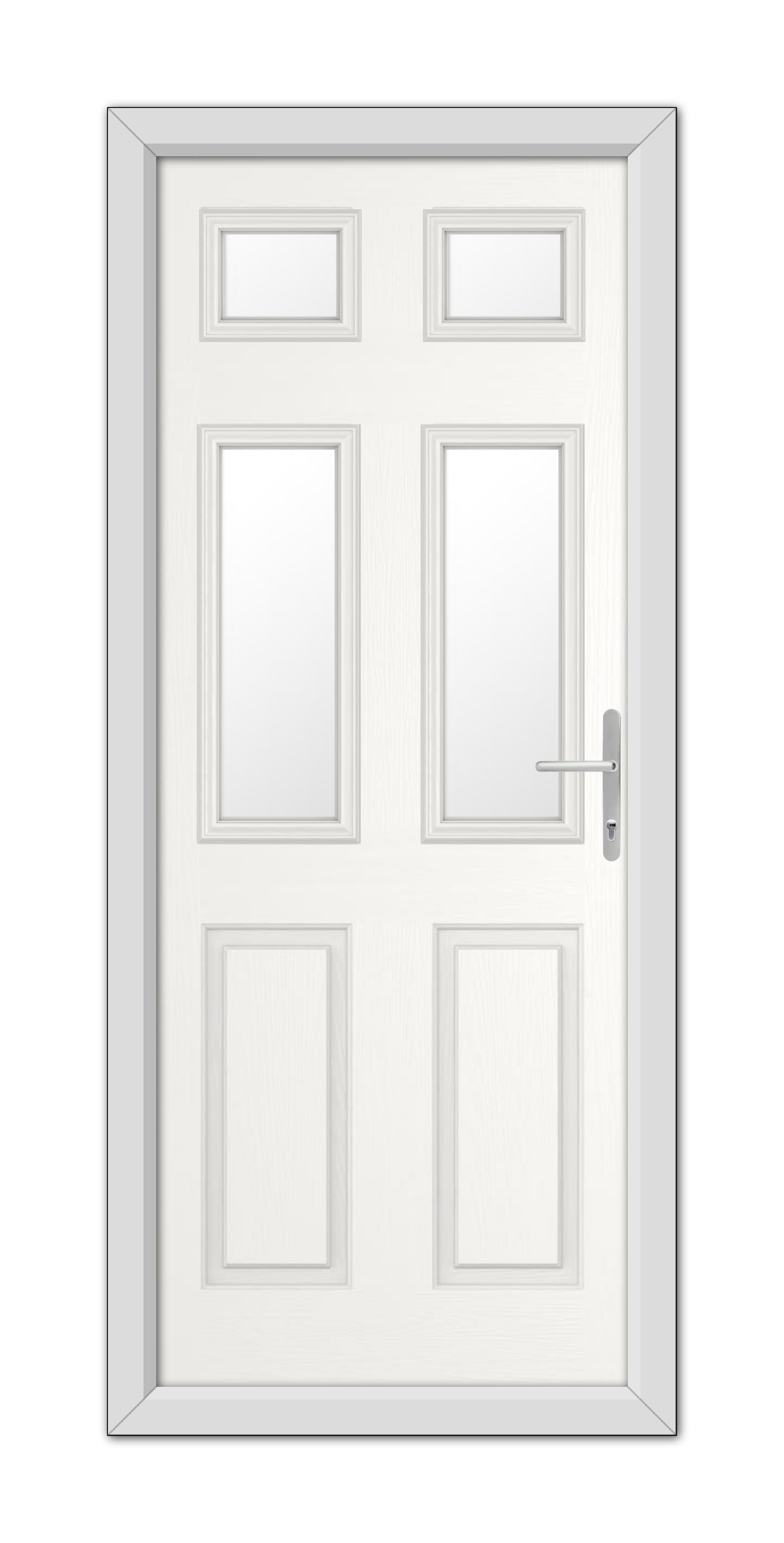 A White Middleton Glazed 4 Composite Door 48mm Timber Core with six panels and a modern silver handle, enclosed in a simple frame, viewed head-on.