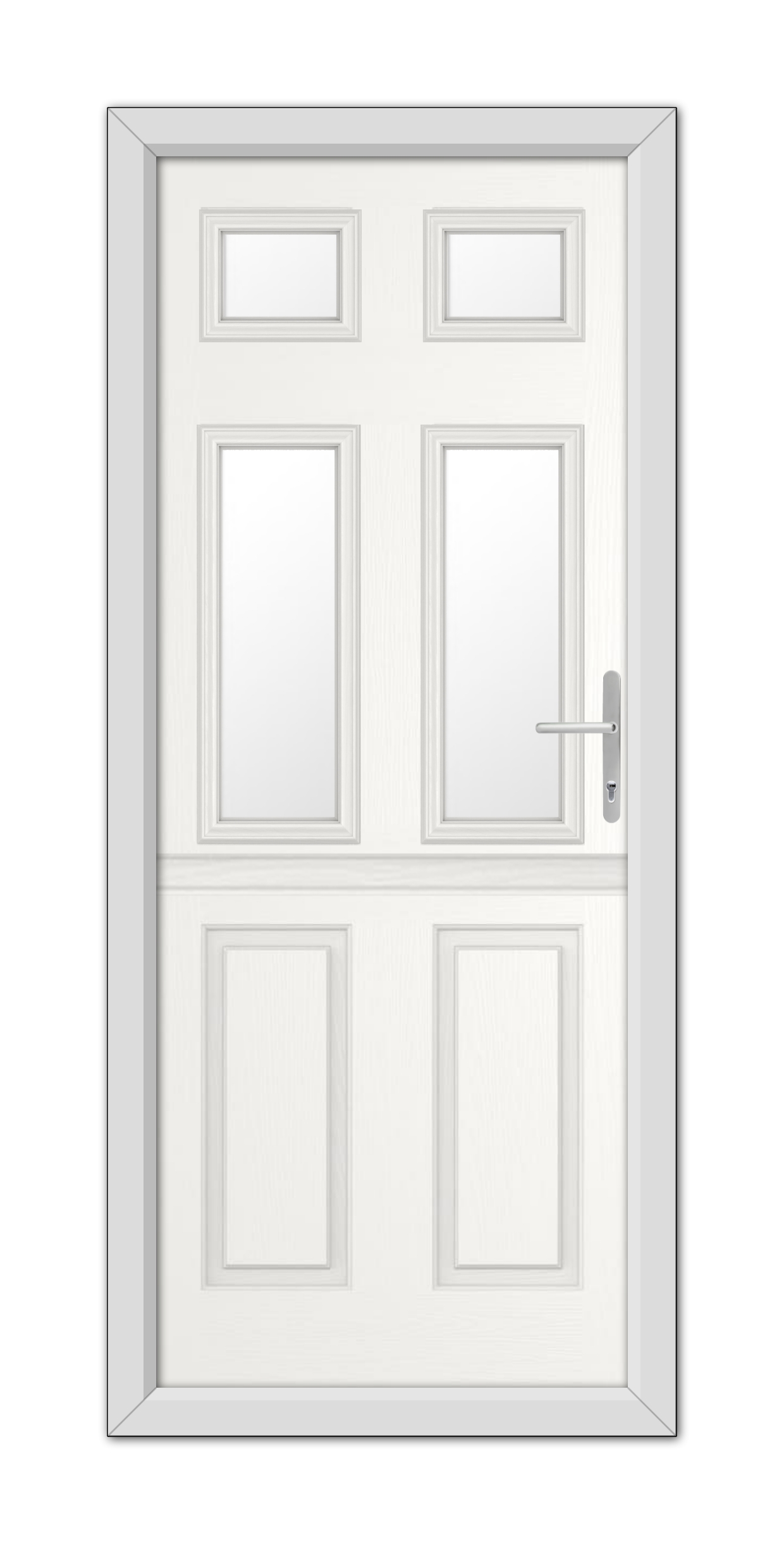 A closed White Middleton Glazed 4 Stable Composite Door 48mm Timber Core with a modern handle, featuring a framed design and two narrow glass panels at the top.