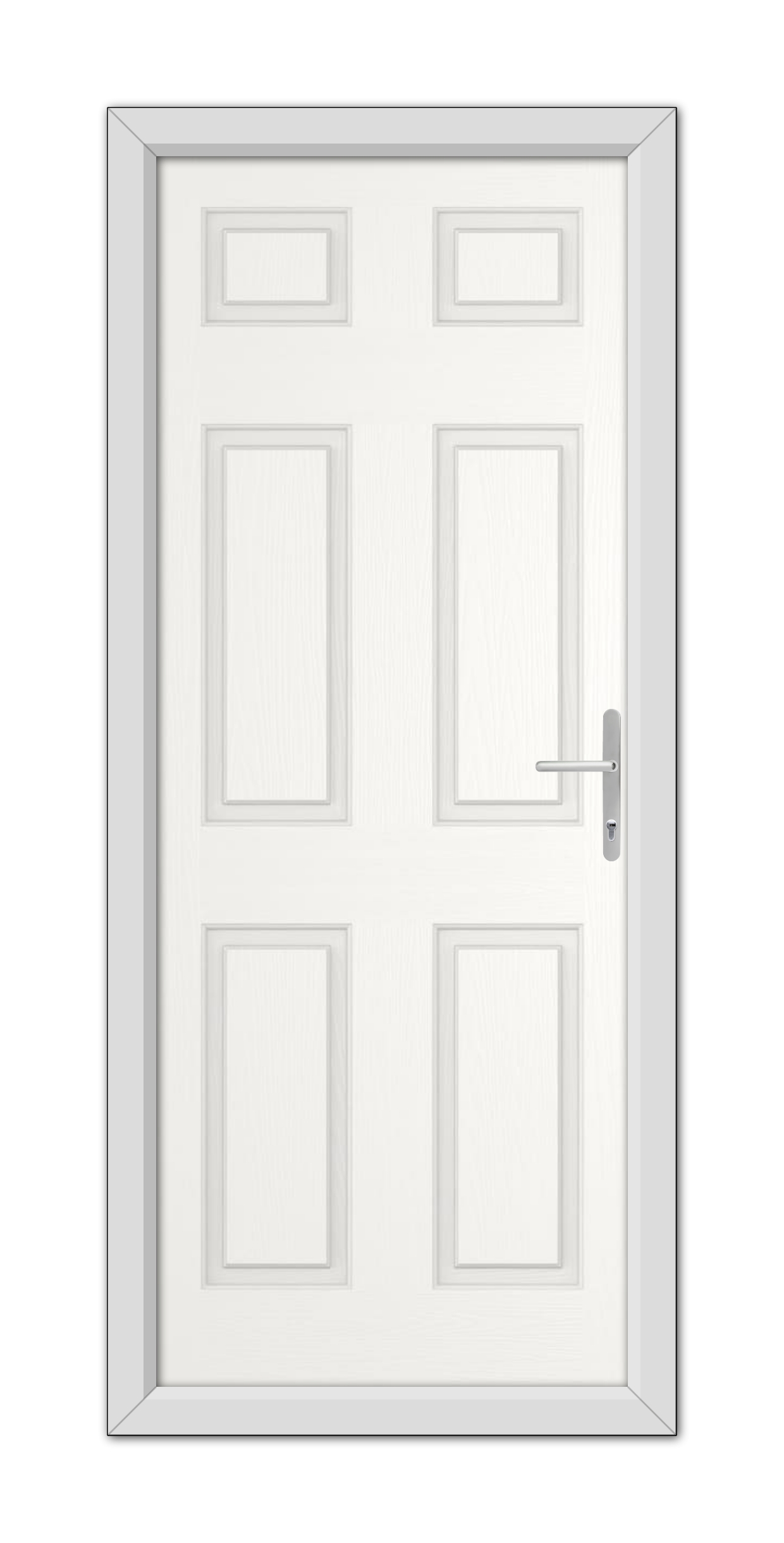 A closed White Middleton Solid Composite Door 48mm Timber Core with six panels and a silver handle, set within a simple frame.