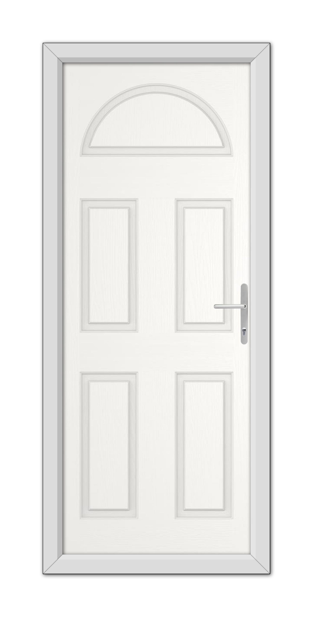 A White Middleton Solid Stable Composite Door 48mm Timber Core with an arched window at the top and a metallic handle, set within a simple frame.