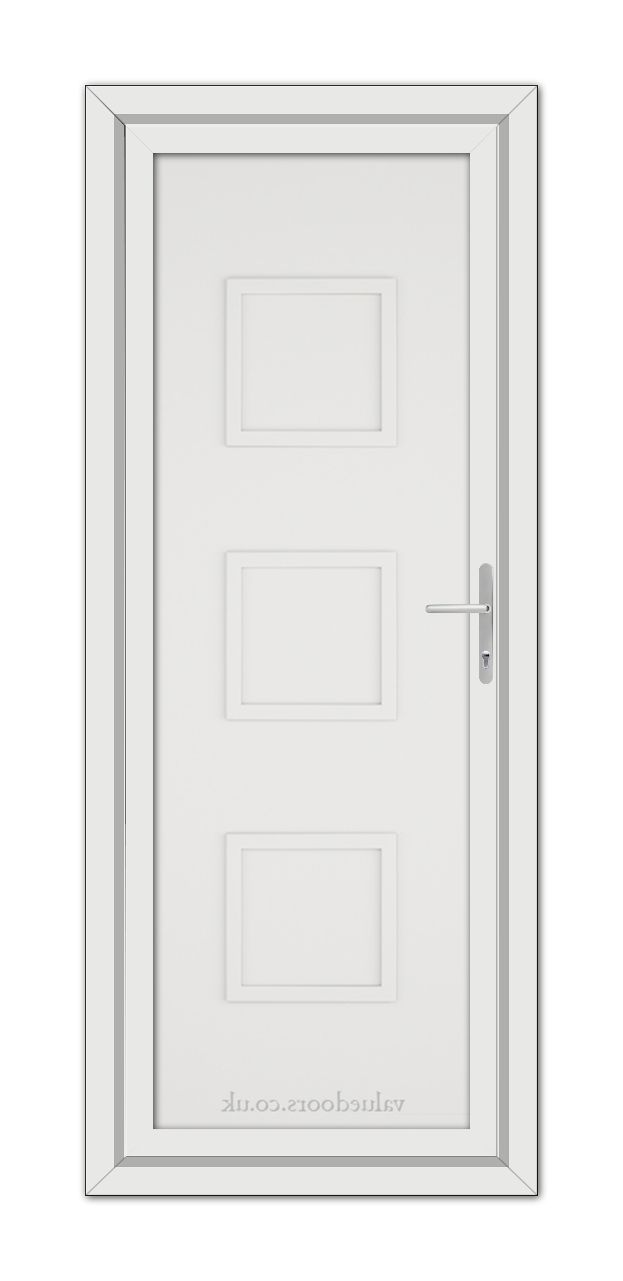 White Modern 5013 Solid uPVC Door with three recessed panels and a silver handle, viewed from the front.