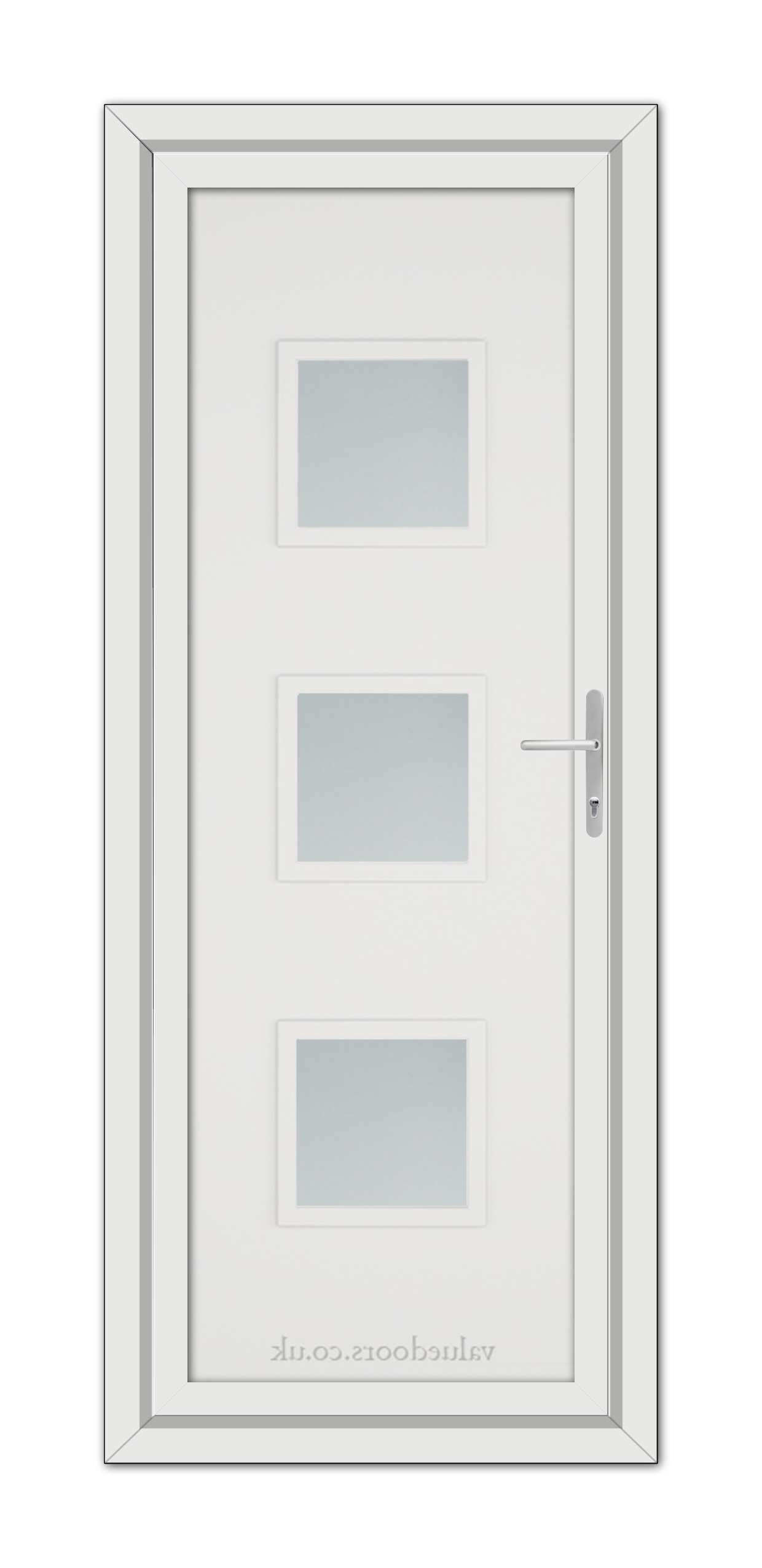 A White Modern 5013 uPVC Door featuring three frosted glass panels and a metallic handle, framed in white.