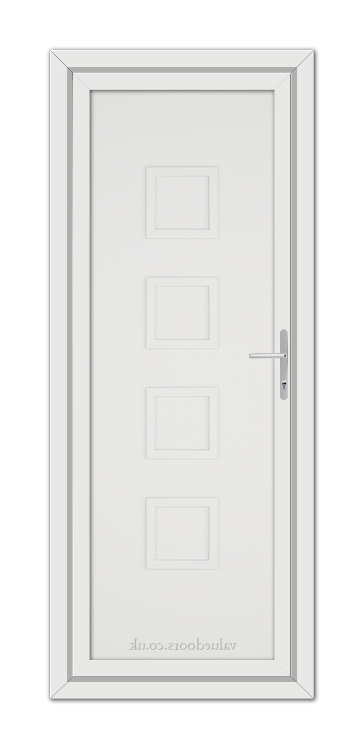 A White Modern 5034 Solid uPVC Door featuring a minimalist design with four recessed panels and a metallic handle, displayed against a plain background.