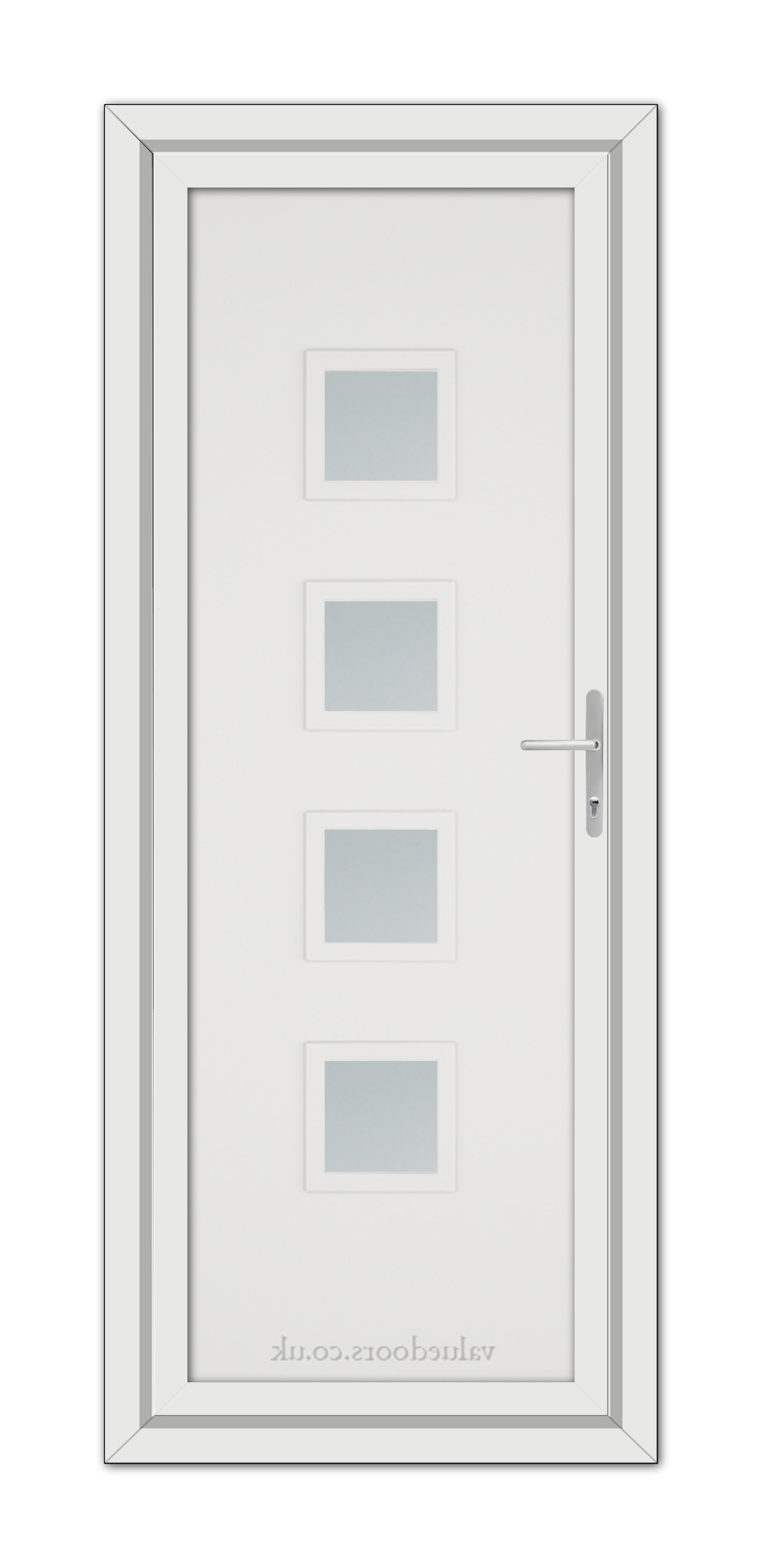 A White Modern 5034 uPVC Door with four small square frosted glass windows and a metallic handle, displayed vertically.