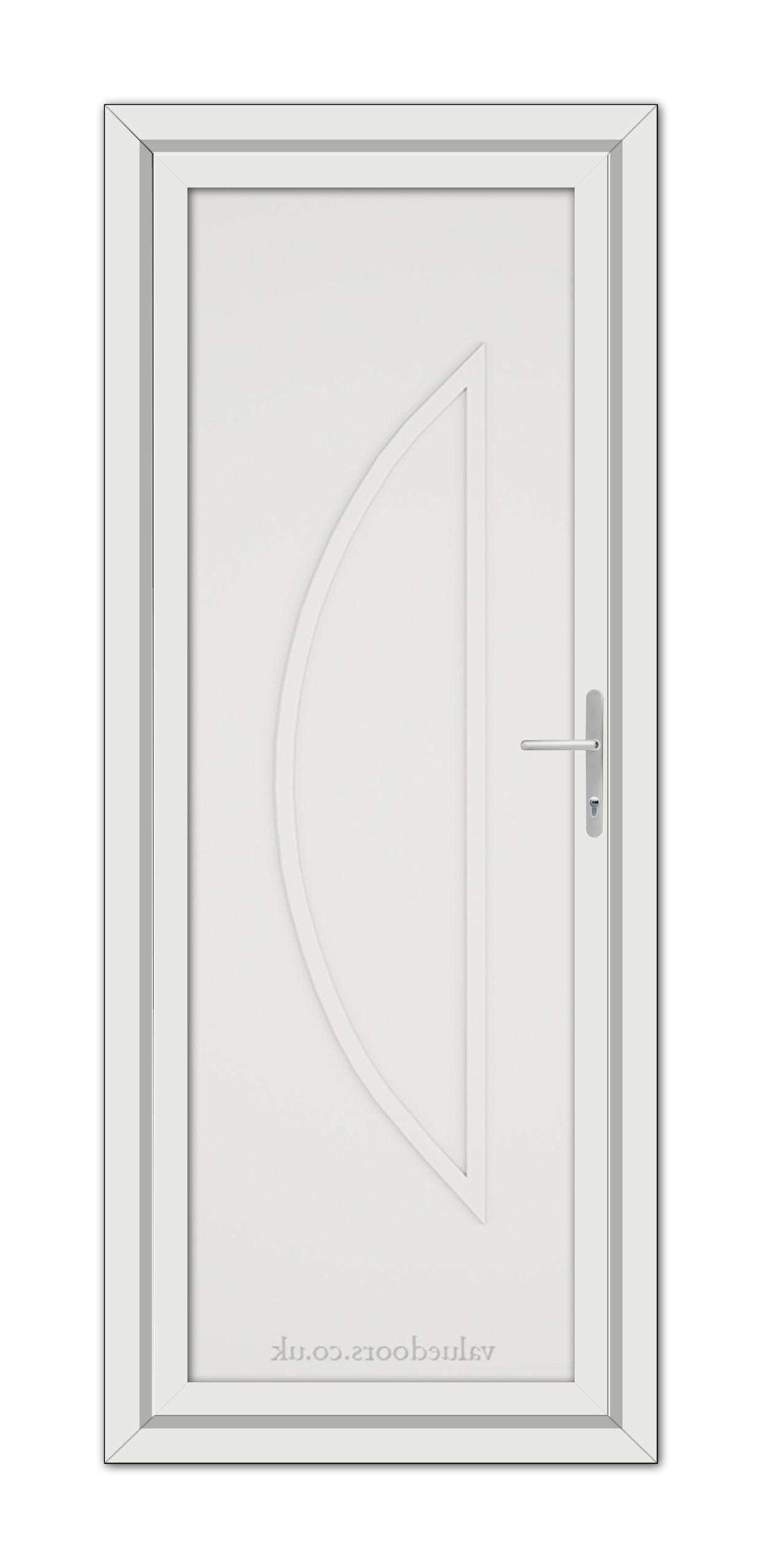 White Modern 5051 Solid uPVC Door with a curved line design and metallic handle, set within a door frame.