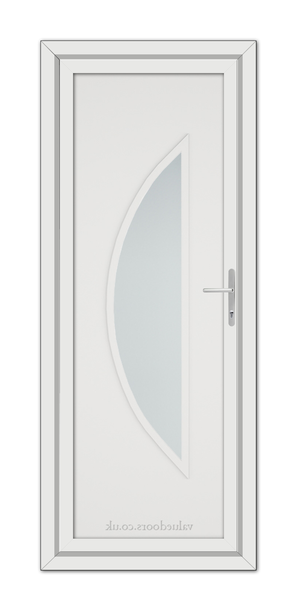 A White Modern 5051 uPVC Door featuring an asymmetrical frosted glass window and a silver handle, set within a simple frame.