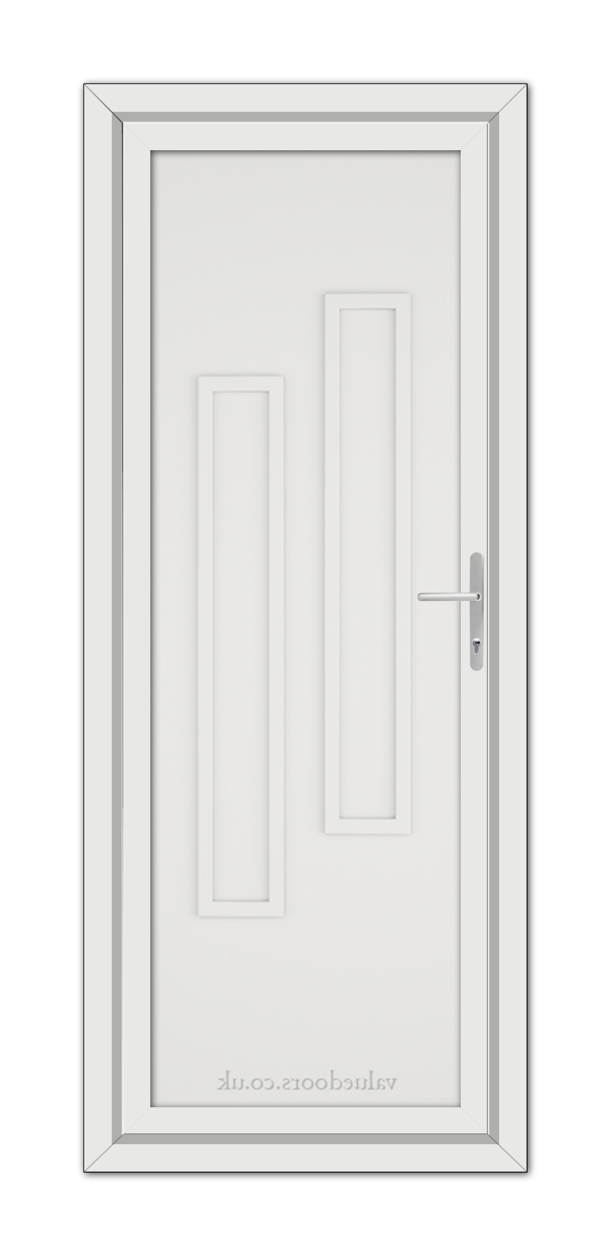 A White Modern 5082 Solid uPVC door with two vertical panels and a metallic handle, set within a simple frame.