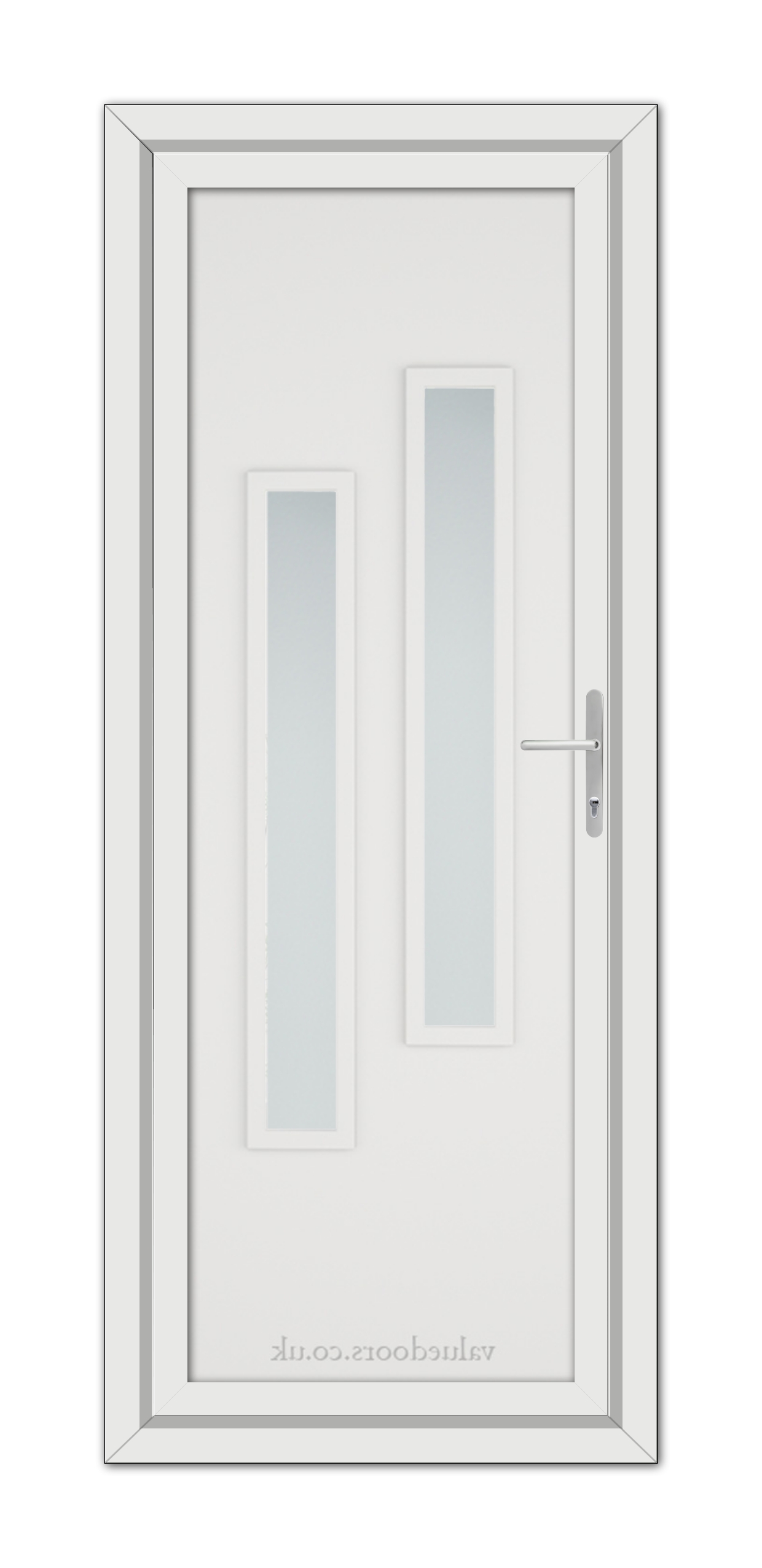 A White Modern 5082 uPVC Door featuring two vertical, frosted glass panels and a metallic handle, set within a simple frame.