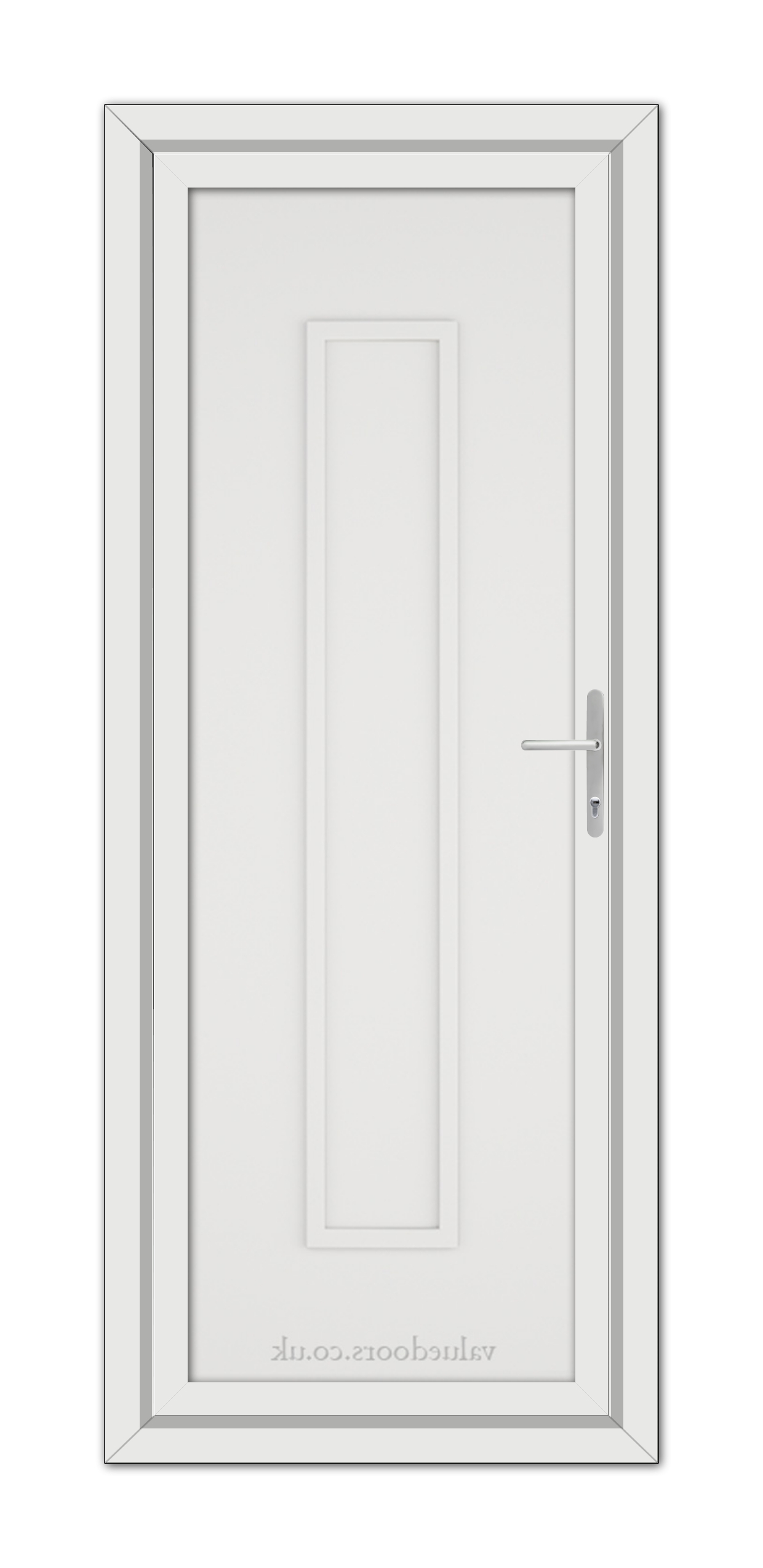 A White Modern 5101 Solid uPVC Door with a vertical rectangular glass panel and a metallic handle, viewed from the front.