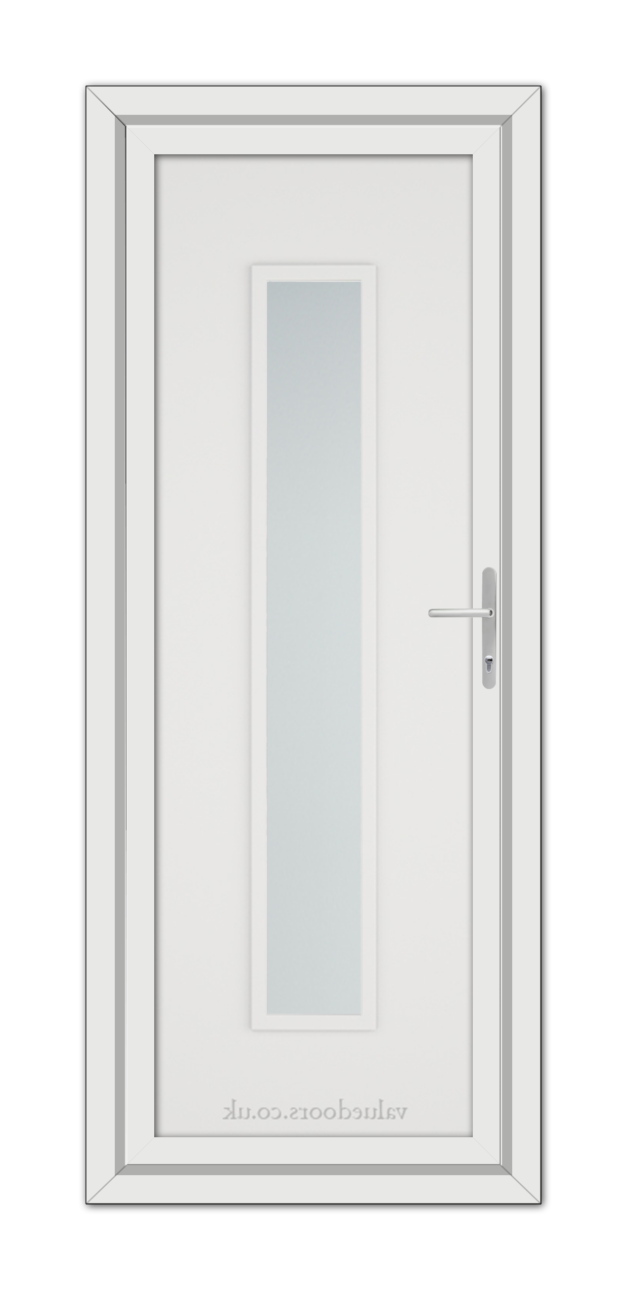 A White Modern 5101 uPVC door with a vertical, frosted glass panel and a metallic handle, displayed against a white background.