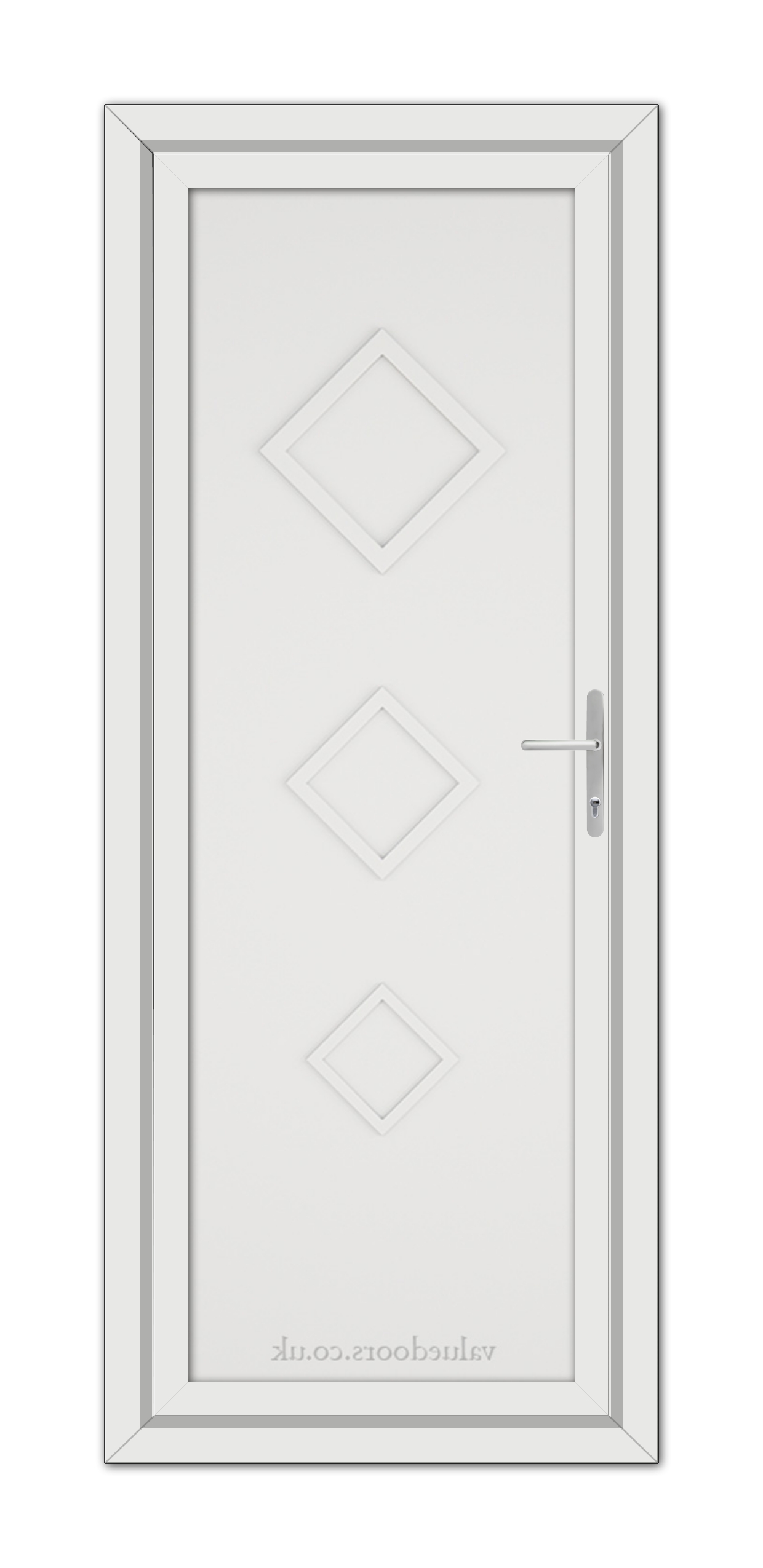 A White Modern 5123 Solid uPVC Door with three diamond-shaped panels and a metallic handle, viewed from the front.