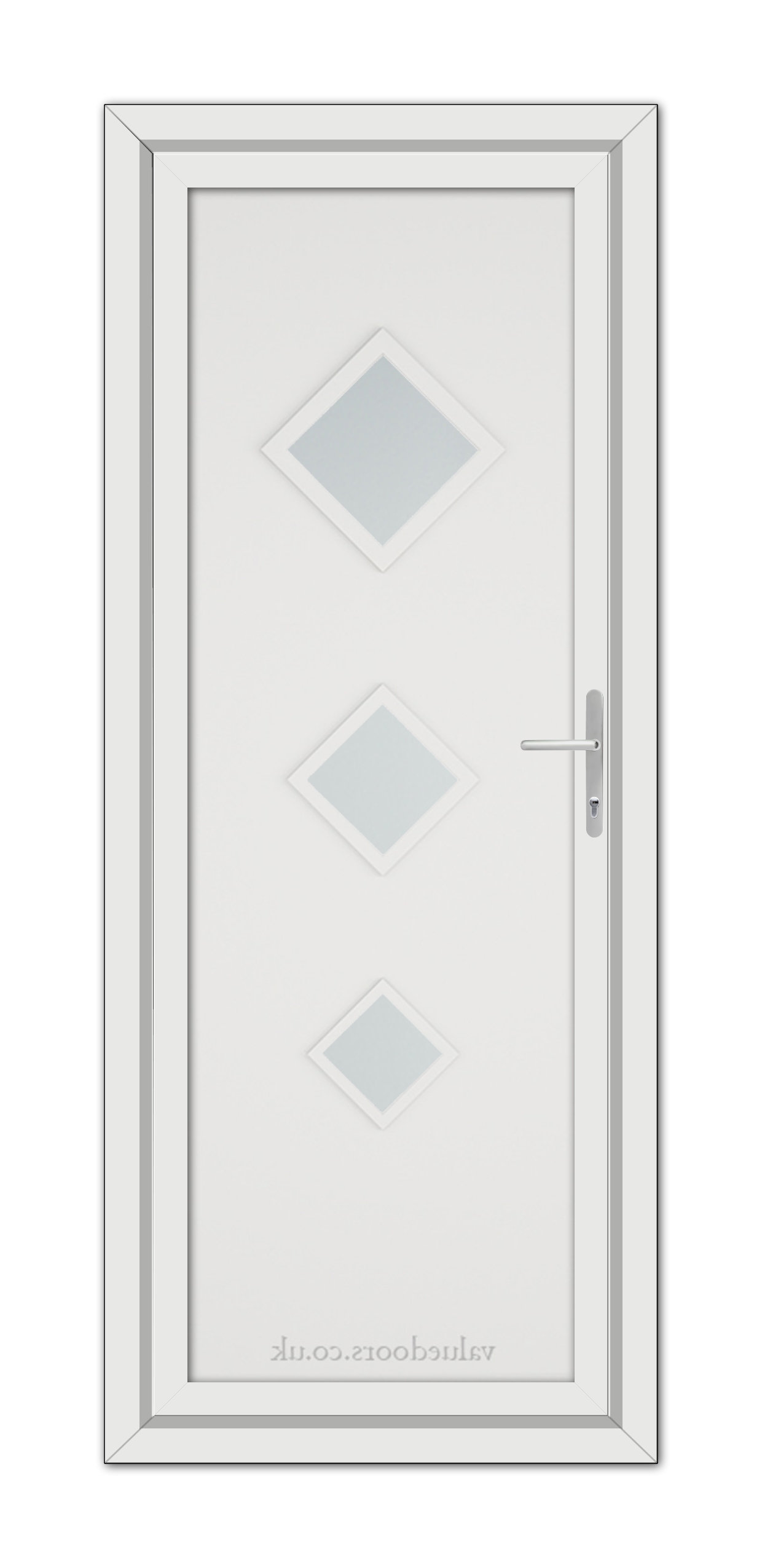A White Modern 5123 uPVC Door with three diamond-shaped glass panels and a metallic handle, viewed from the front.
