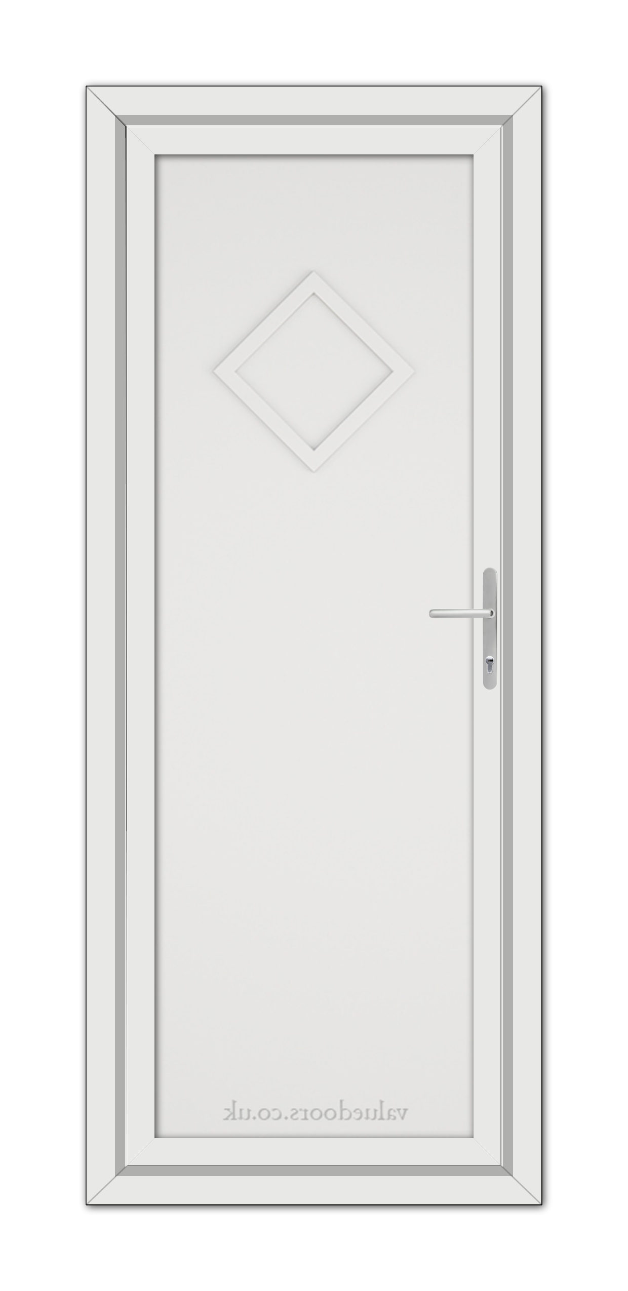 White Modern 5131 Solid uPVC Door with a diamond-shaped window and a silver handle, set in a grey frame.