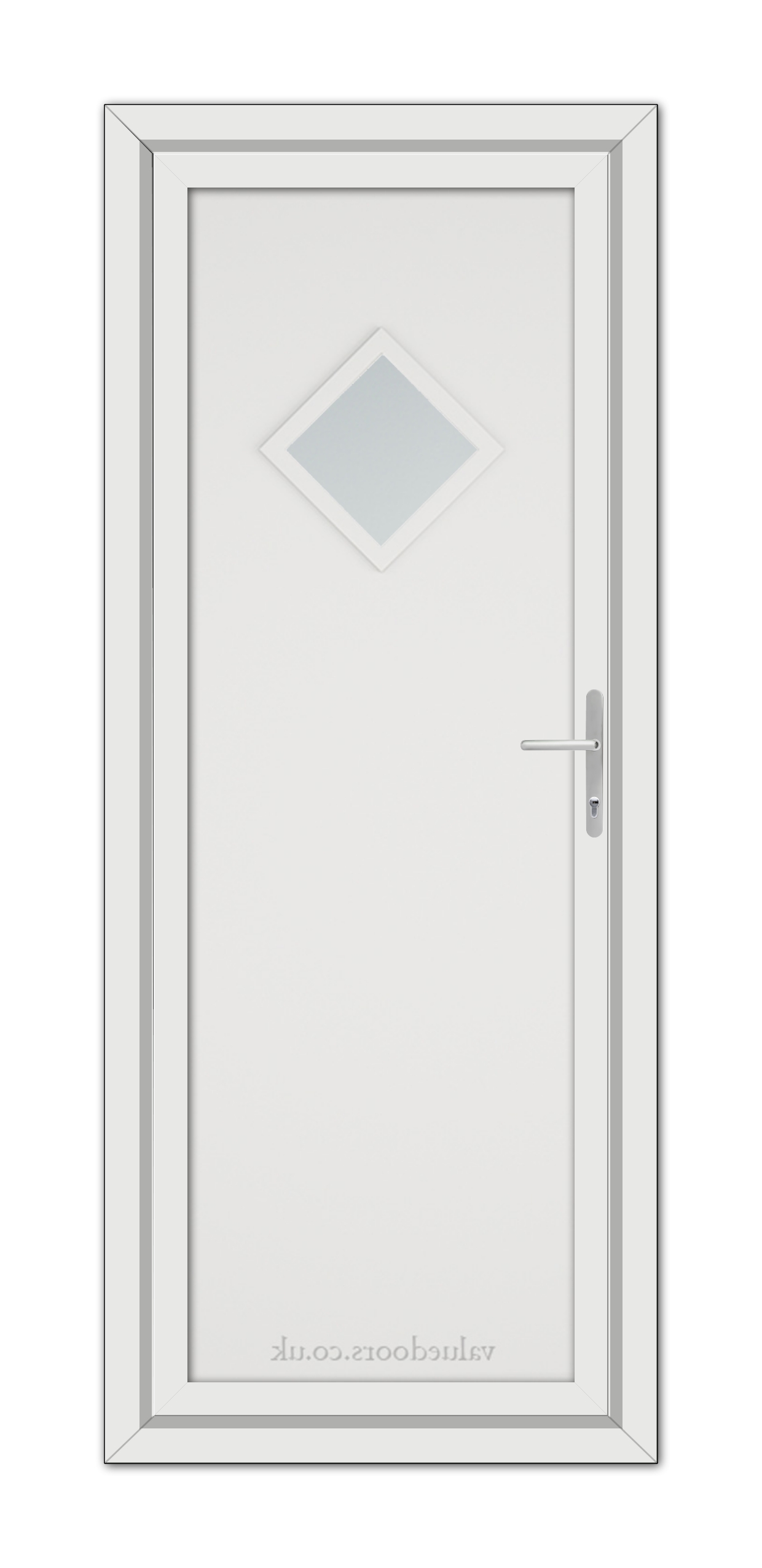A vertical image of a closed White Modern 5131 uPVC door featuring a diamond-shaped window at the top and a metallic handle on the right side.
