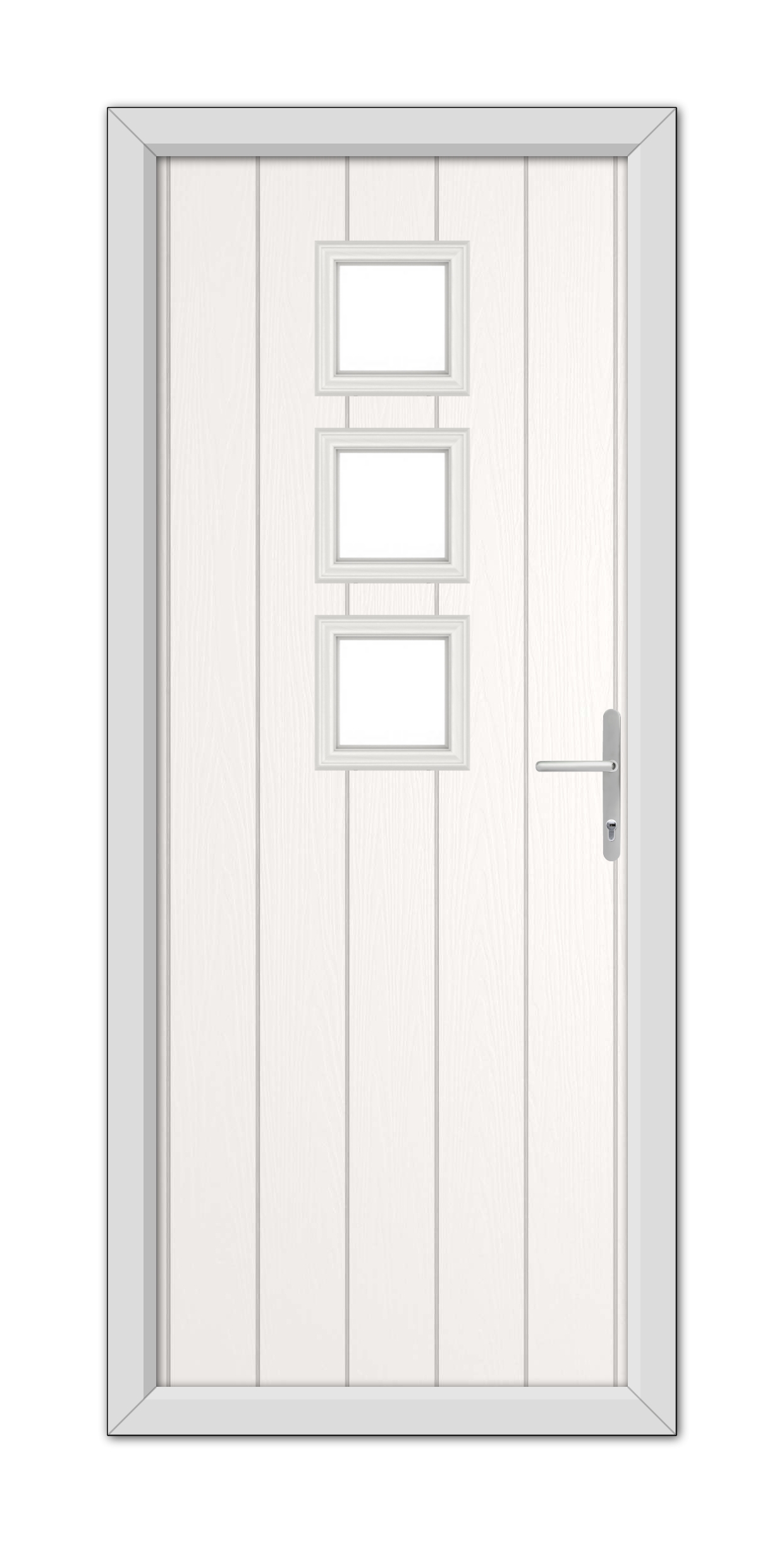 A modern White Montrose Composite Door 48mm Timber Core featuring three square windows and a metallic handle, set within a simple frame.