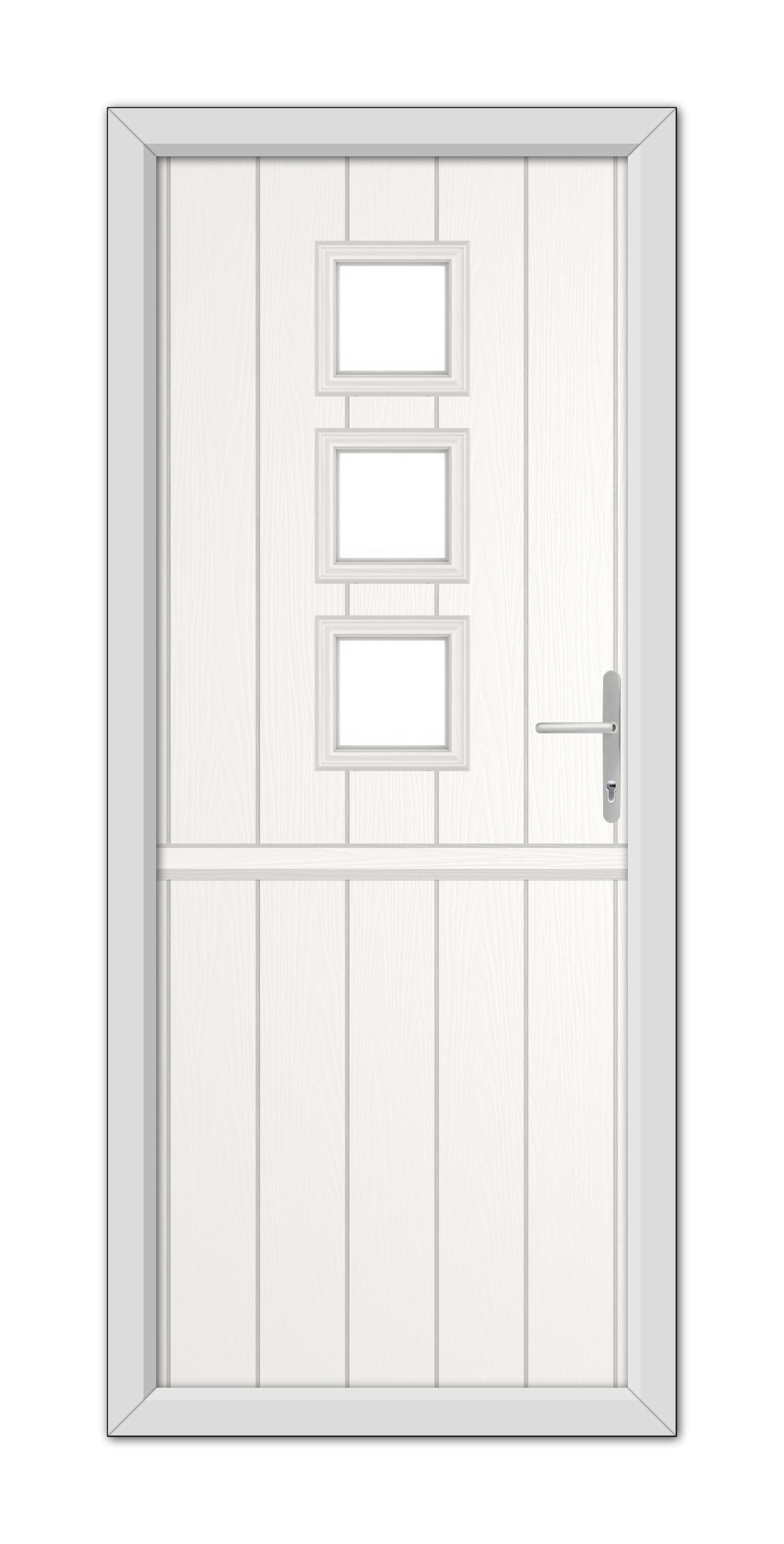 A White Montrose Stable Composite Door 48mm Timber Core with four rectangular glass panels and a metallic handle, set within a simple frame.