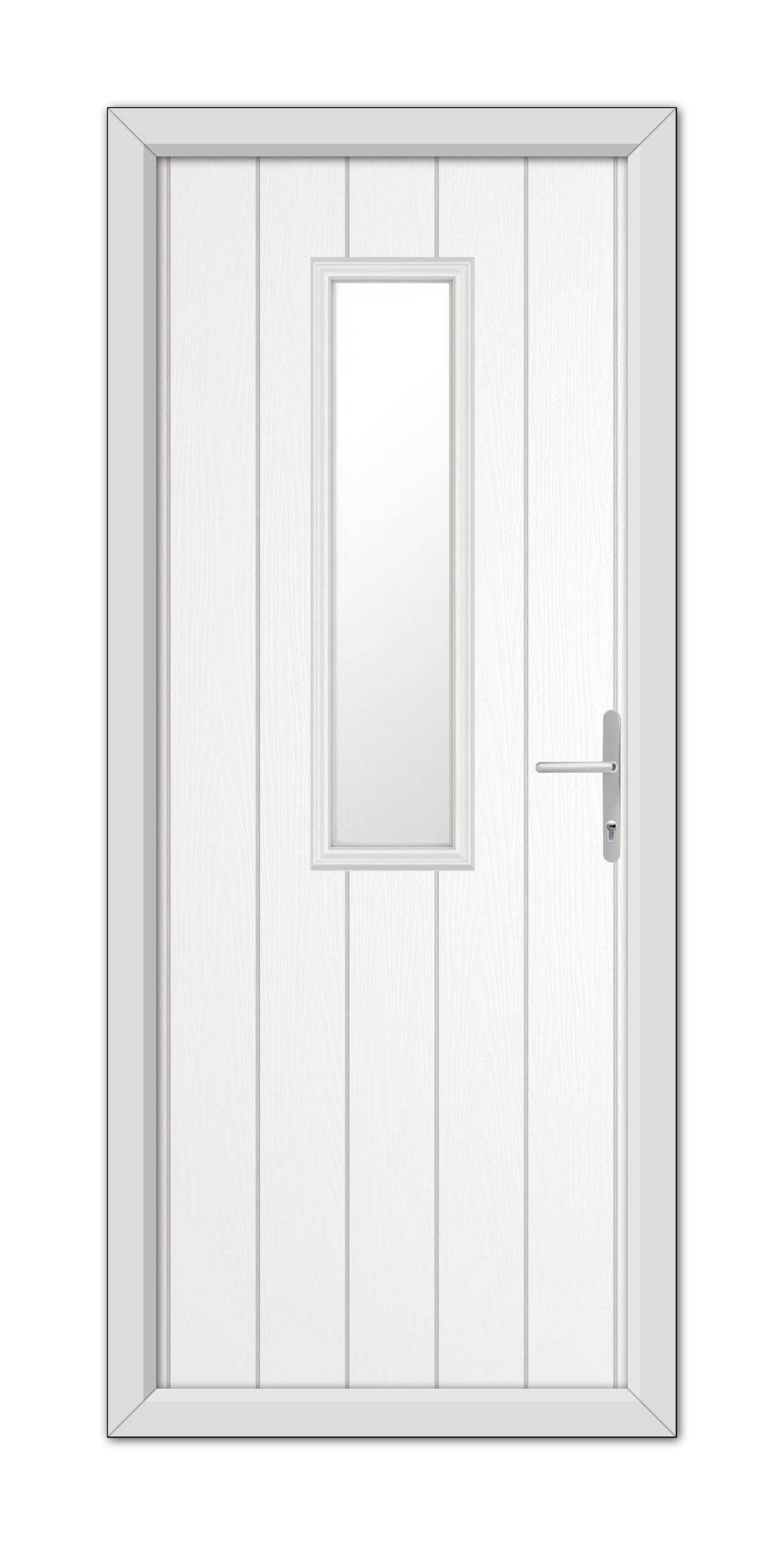 A White Mowbray Composite Door 48mm Timber Core with a vertical rectangular glass panel, framed by a simple grey door frame, with a silver handle on the right.