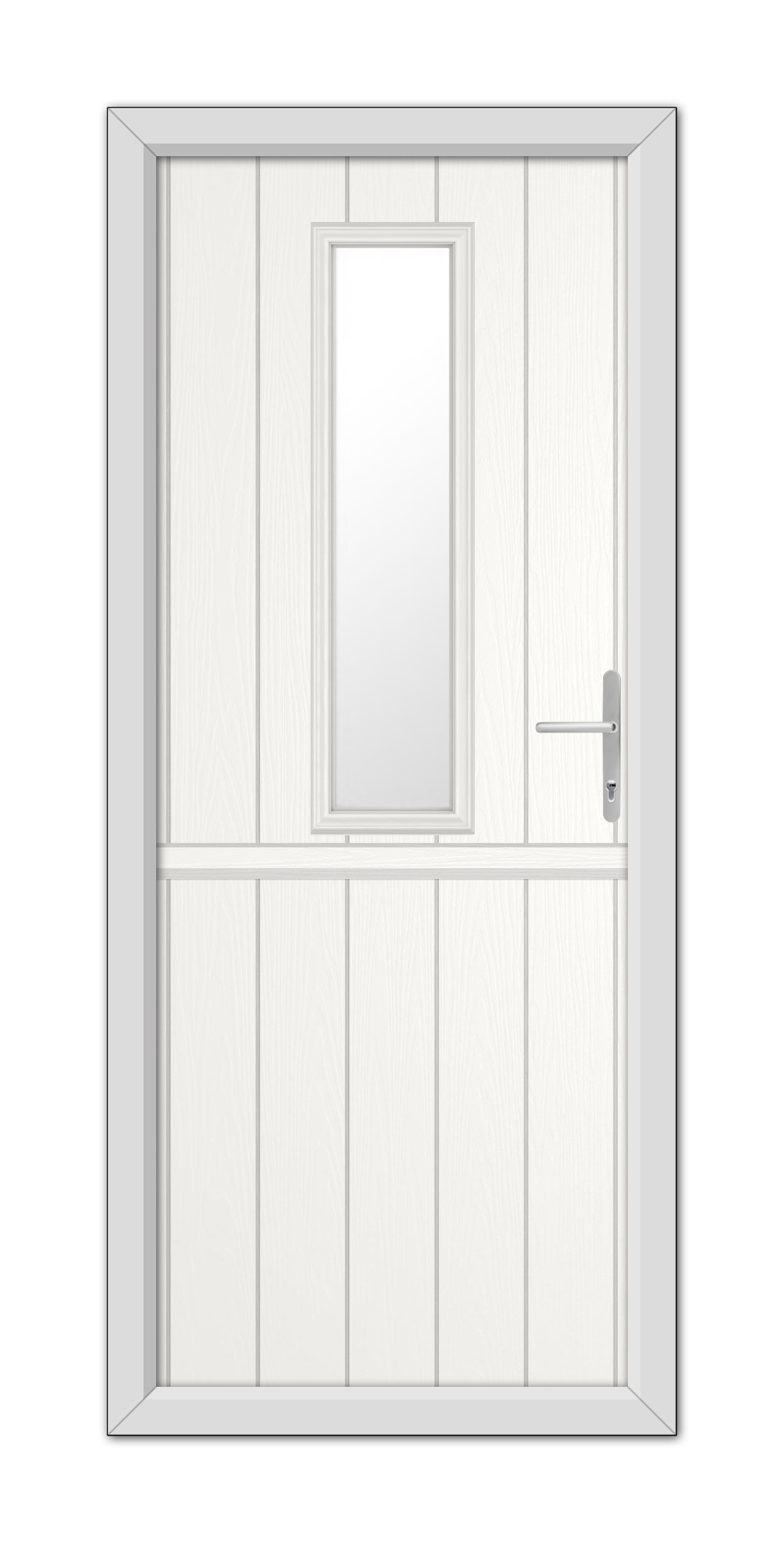 A modern White Mowbray Stable Composite Door 48mm Timber Core with a vertical handle, rectangular window at the top, and panel details, set within a simple frame.