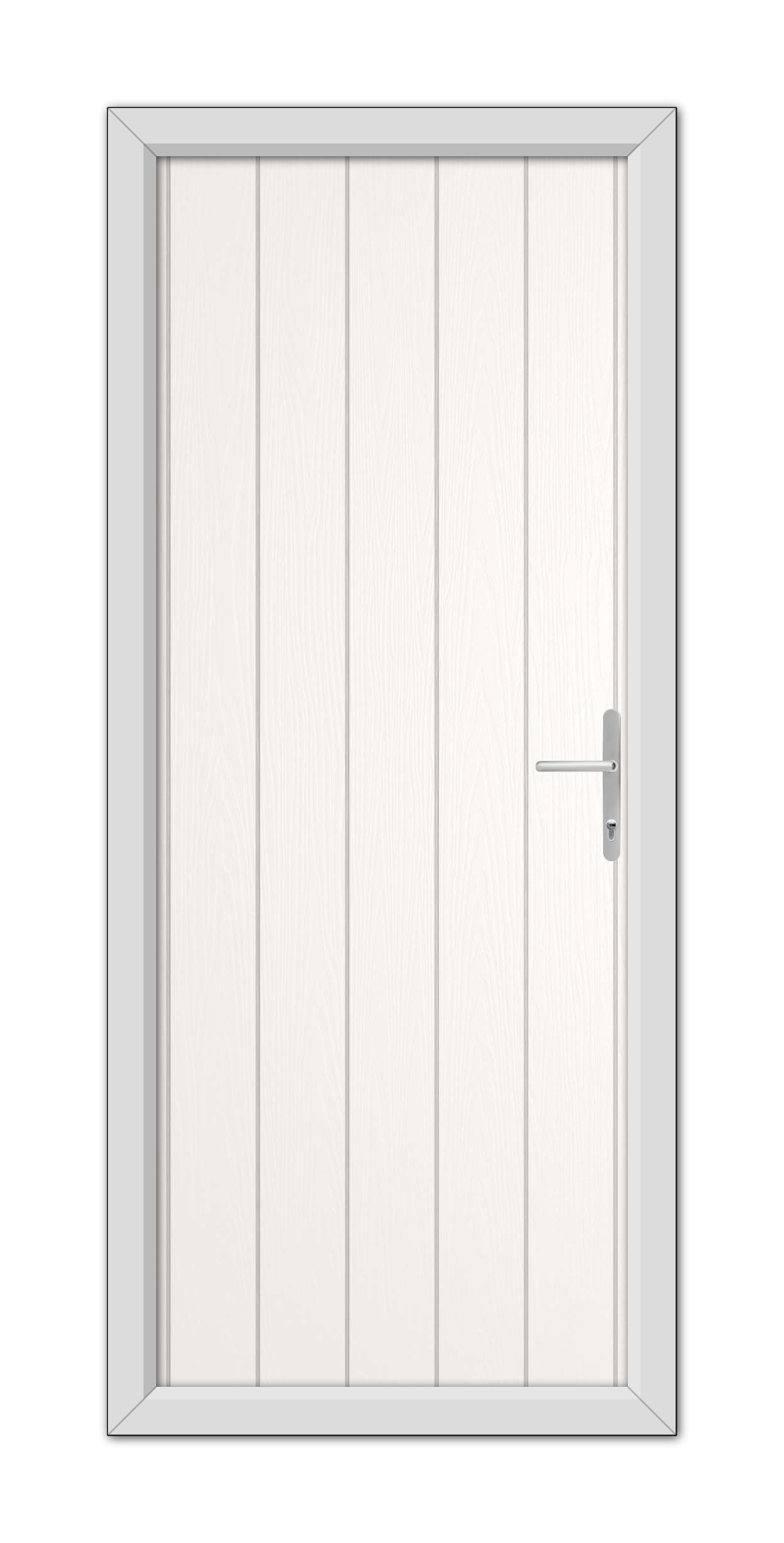 A White Norfolk Solid Composite Door 48mm Timber Core with a metallic handle, set within a gray frame, viewed head-on.