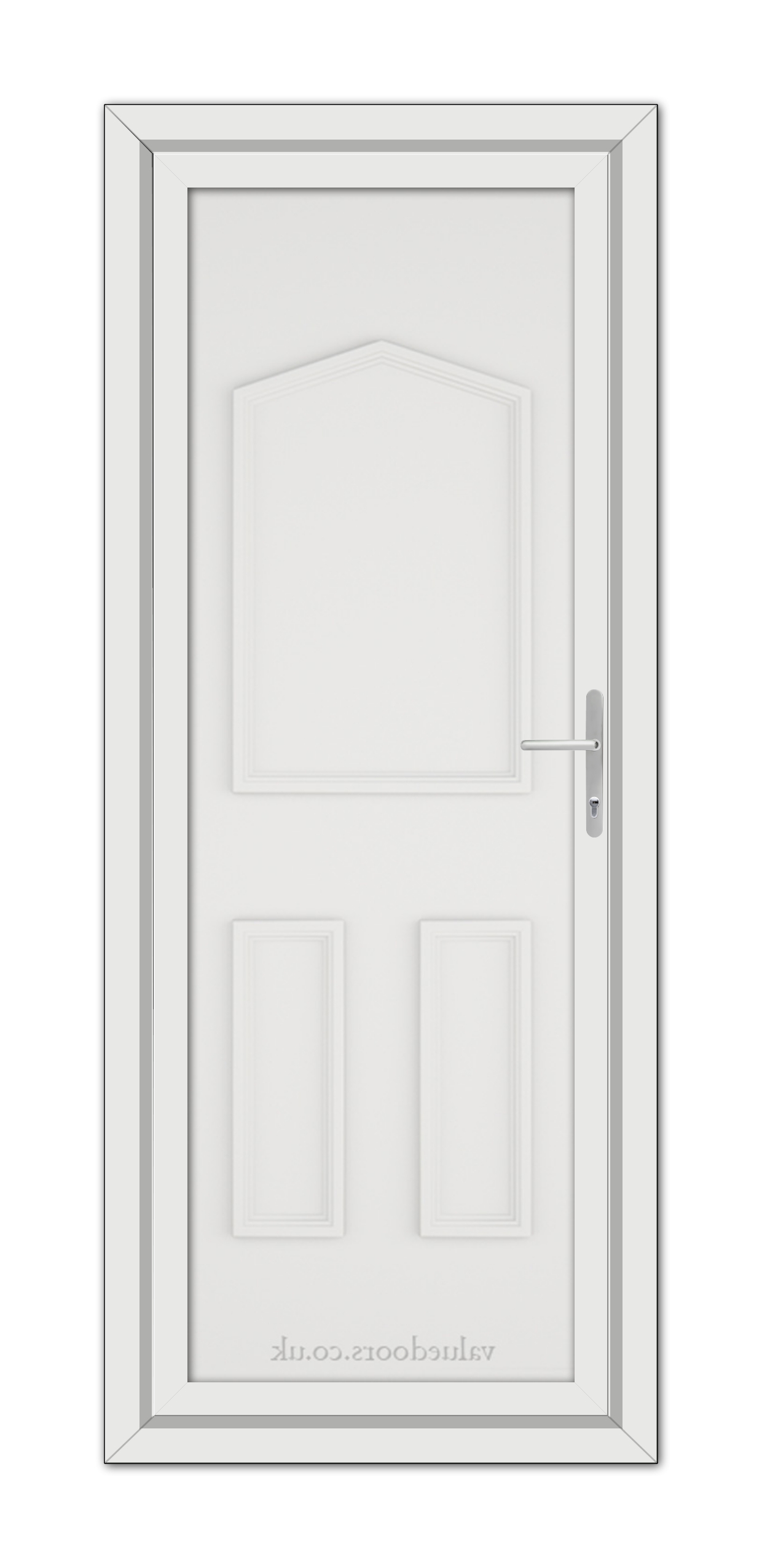 A vertical image of a closed White Oxford Solid uPVC Door with a silver handle, featuring a simple, elegant panel design set within a narrow frame.