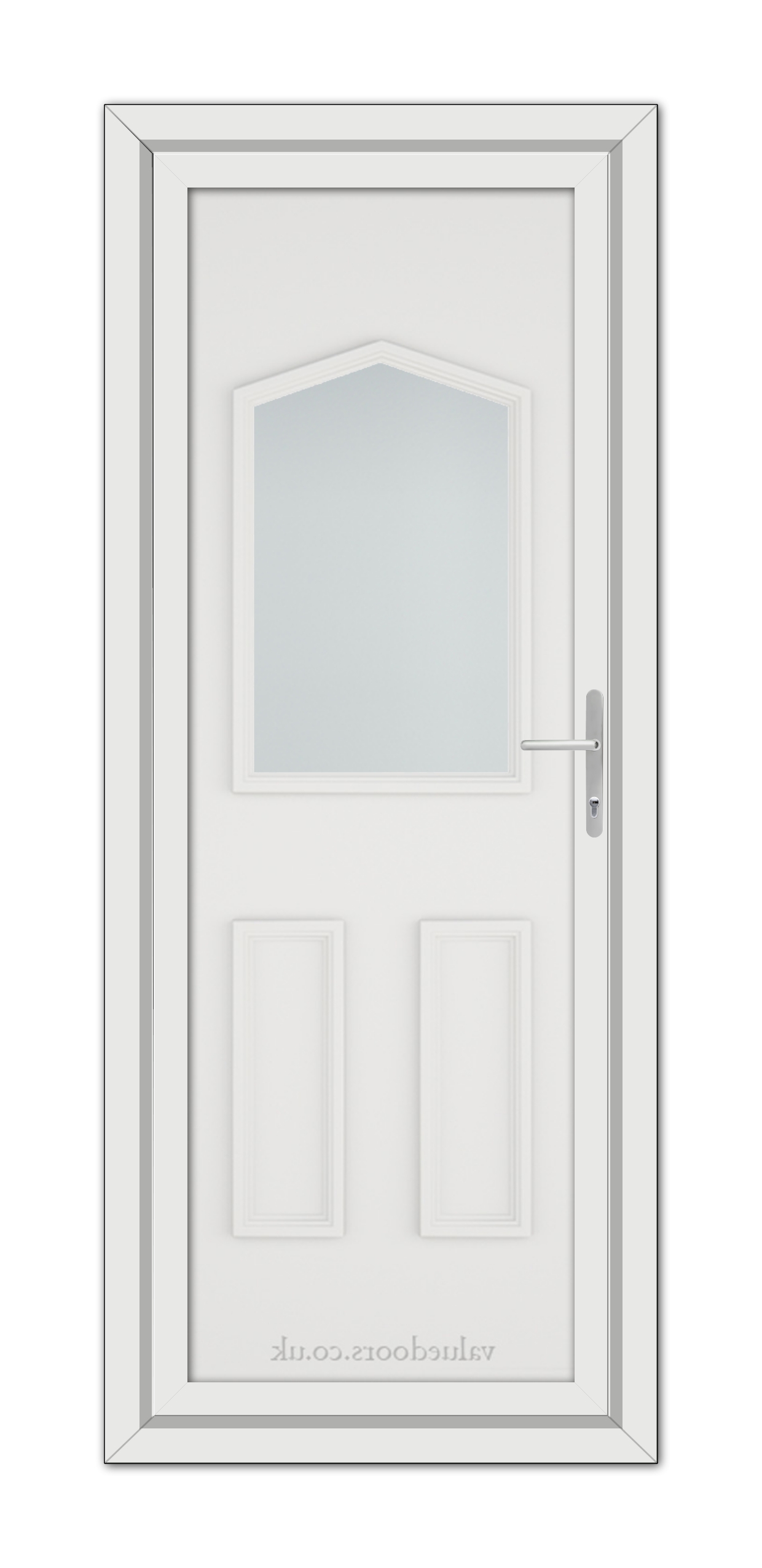 A White Oxford uPVC Door with an arched window at the top, two recessed panels below, and a metallic handle on the right.