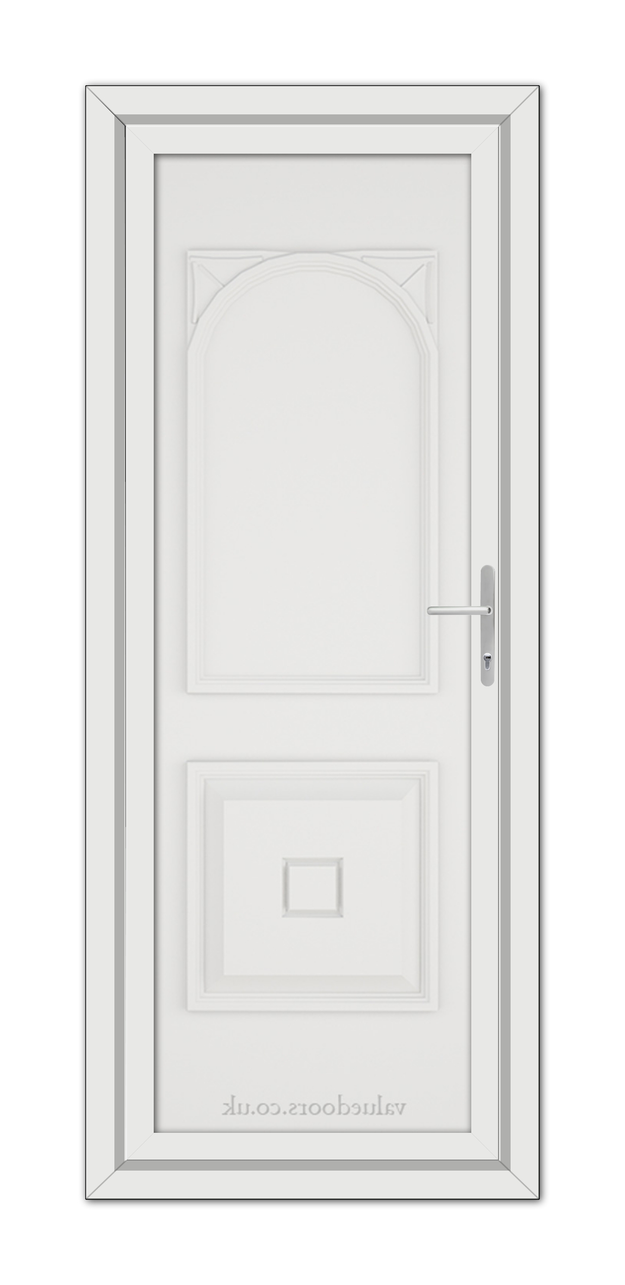 White Reims Solid uPVC door with a handle on the right side, featuring one arched and one rectangular embossed panel, set within a frame.