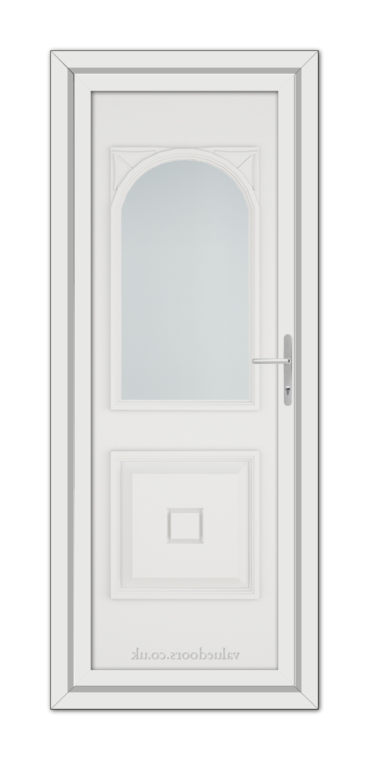 White Reims uPVC Door featuring an arched window at the top and a rectangular panel at the bottom, with a silver handle on the right side.