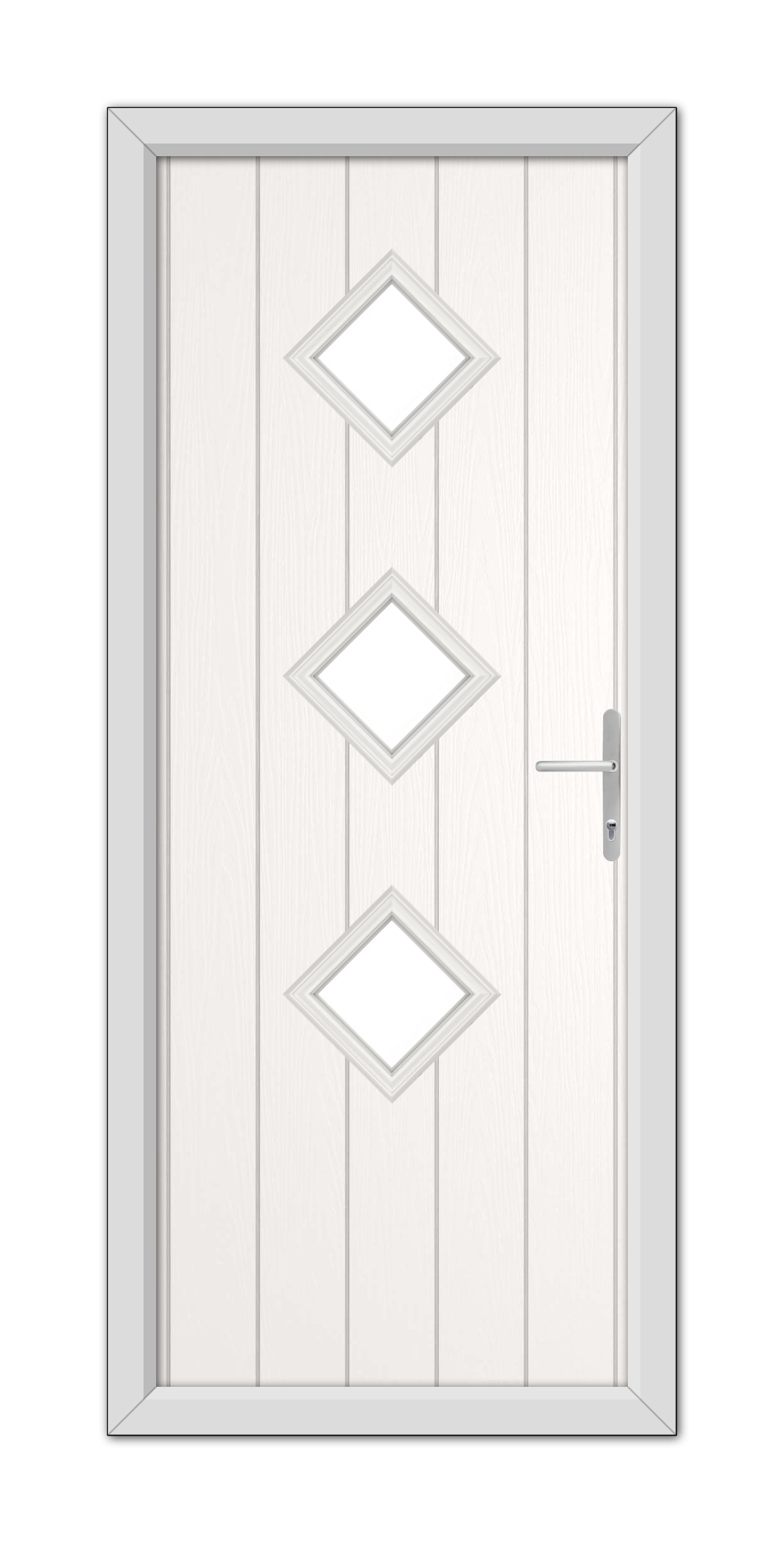 A White Richmond Composite Door 48mm Timber Core with three diamond-shaped windows and a modern handle, set within a simple frame.