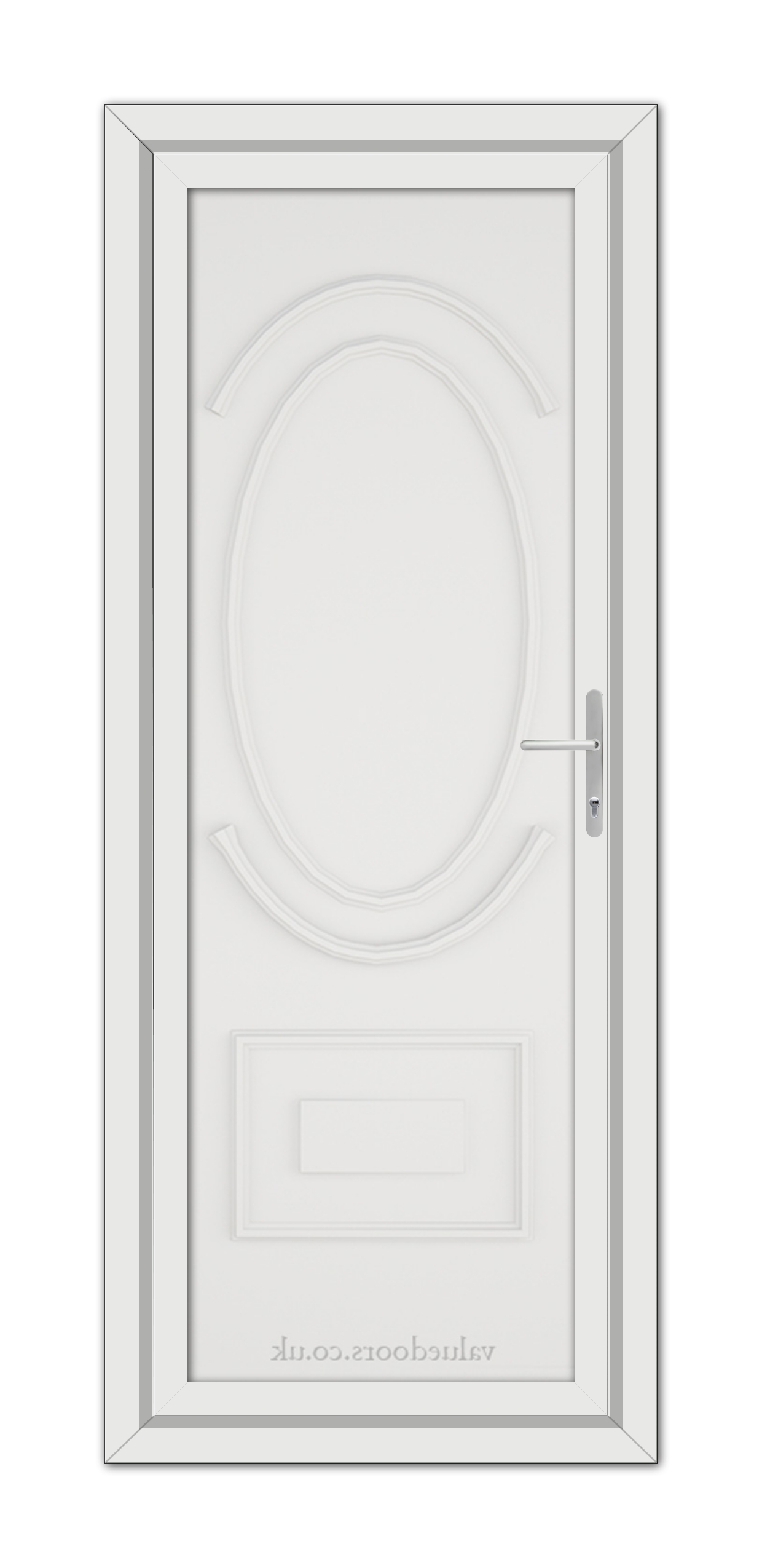 A White Richmond Solid uPVC door with an oval glass pane, decorative trim, and a modern handle, viewed from the front.