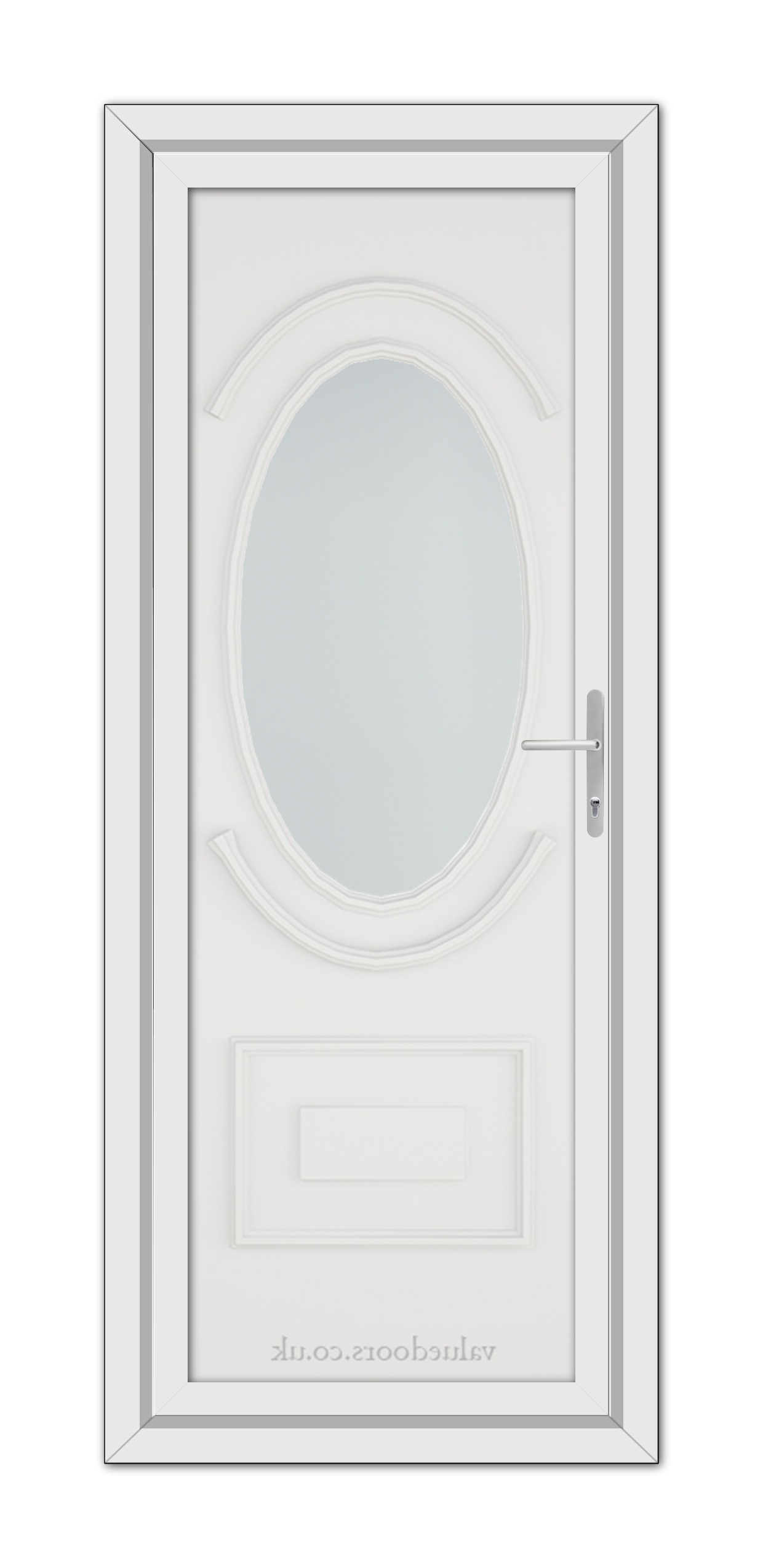 White Richmond uPVC Door with an oval glass panel and a metallic handle, set in a simple frame, viewed from the front.
