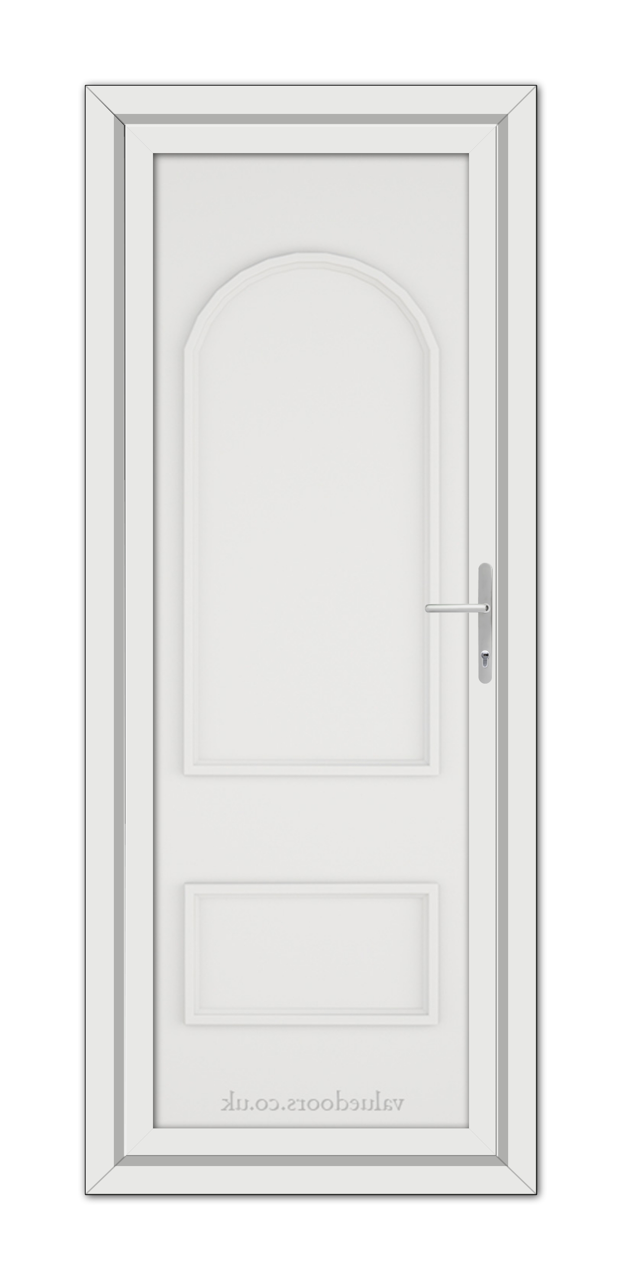 A vertical image of a closed White Rockingham Solid uPVC Door with a simple design and an arched top, featuring a silver handle on the right.