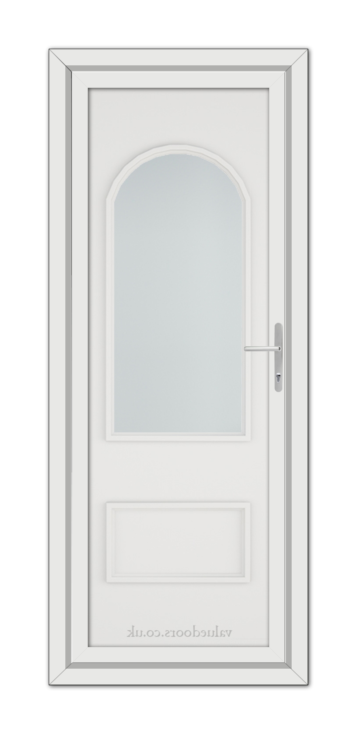 A vertical image of a White Rockingham uPVC Door with a large arched window at the top and a silver handle on the right side, set against a white background.