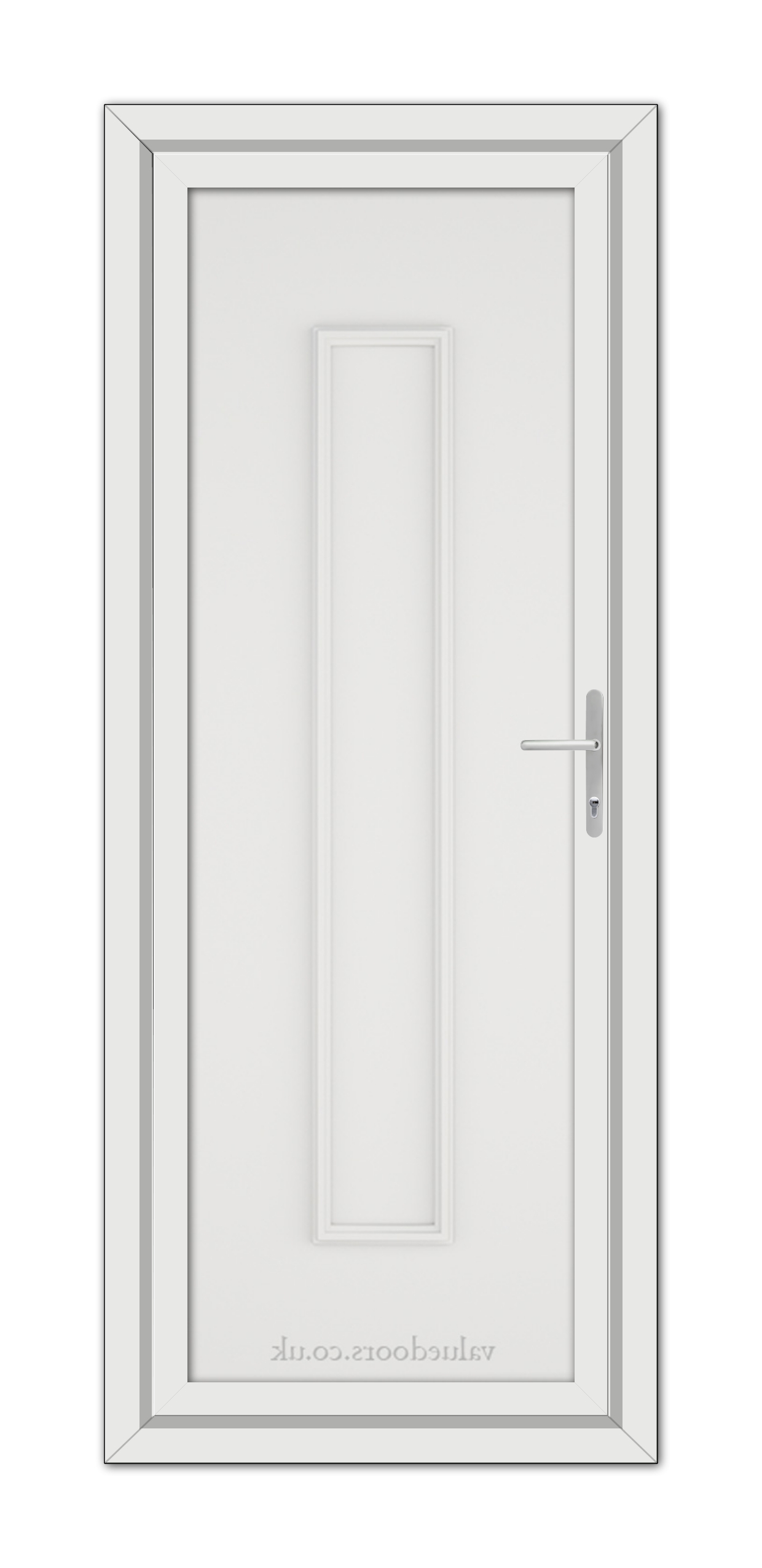 White Rome Solid uPVC Door with a vertical rectangular panel and a silver handle, set within a simple frame.