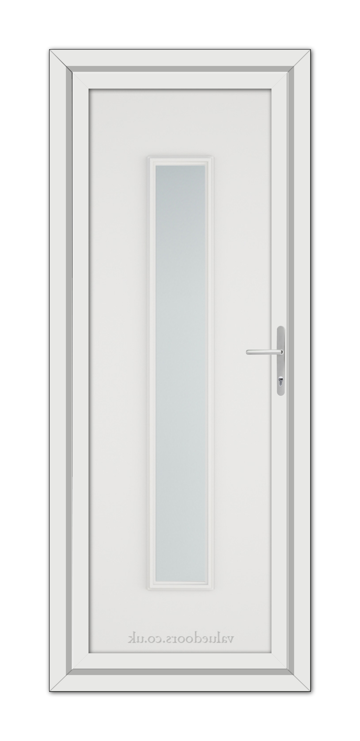 White Rome uPVC door with a vertical, frosted glass panel and a silver handle, set in a simple frame, viewed from the front.
