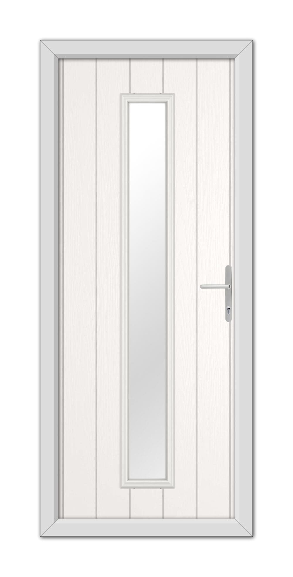 White Rutland Composite Door 48mm Timber Core with a vertical, narrow glass panel and a modern handle, set within a simple frame.