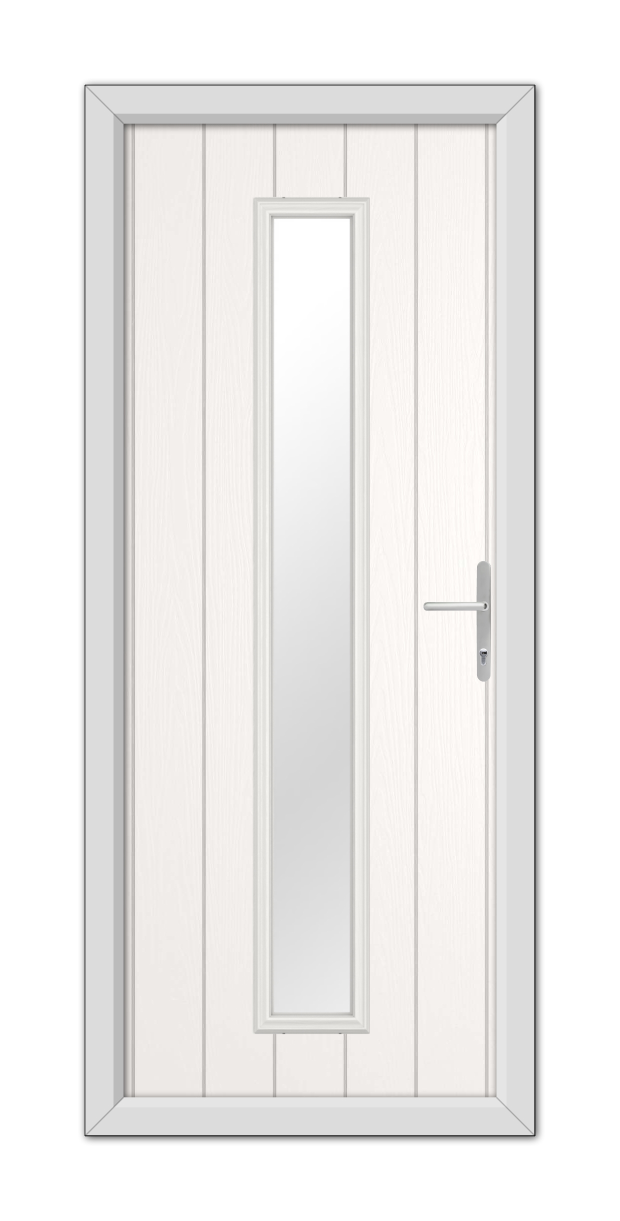White Rutland Composite Door 48mm Timber Core with a vertical, narrow glass panel and a modern handle, set within a simple frame.
