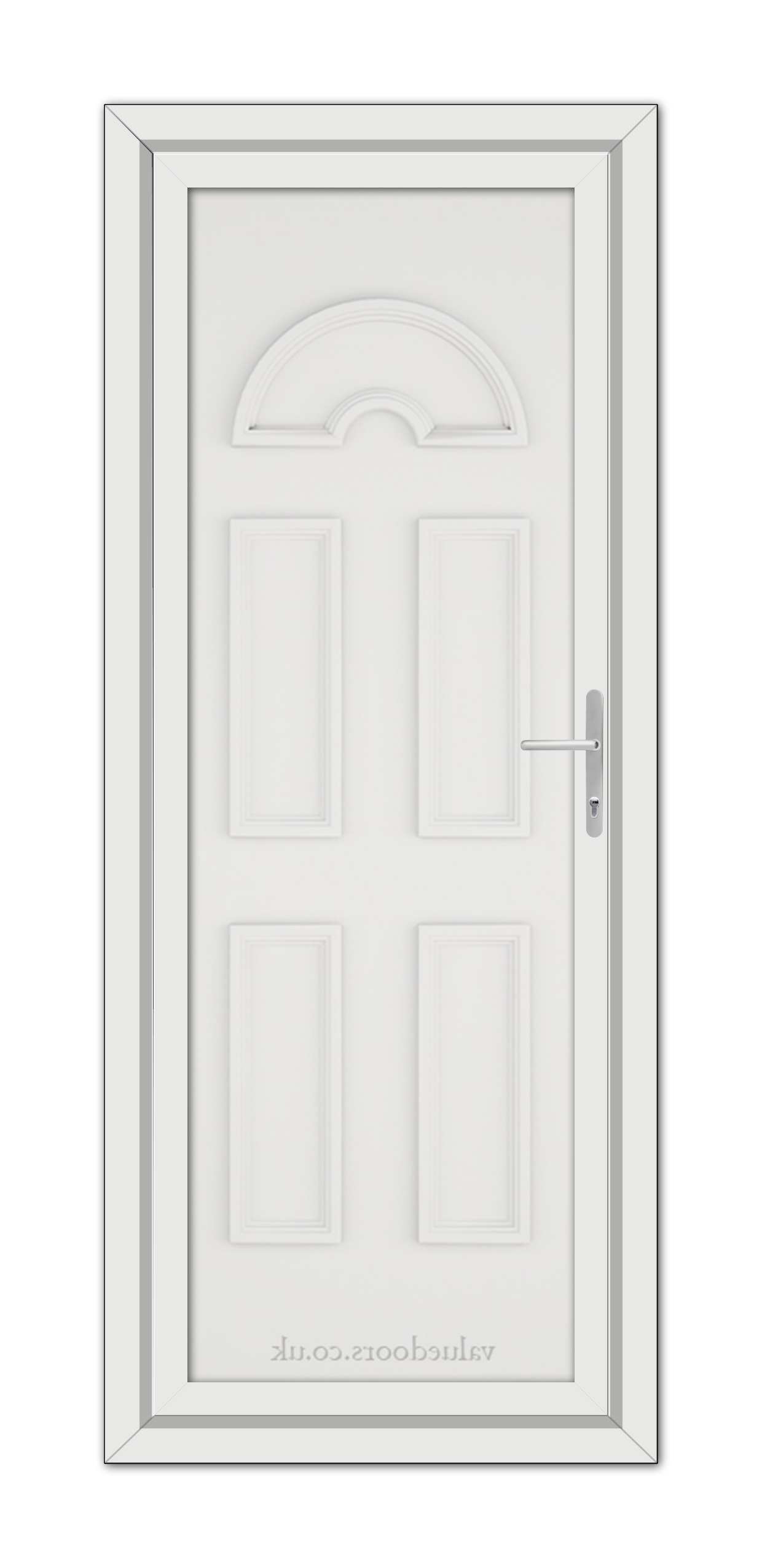 White Sandringham Solid uPVC Door with a semicircular transom window and a modern handle, viewed from the front.