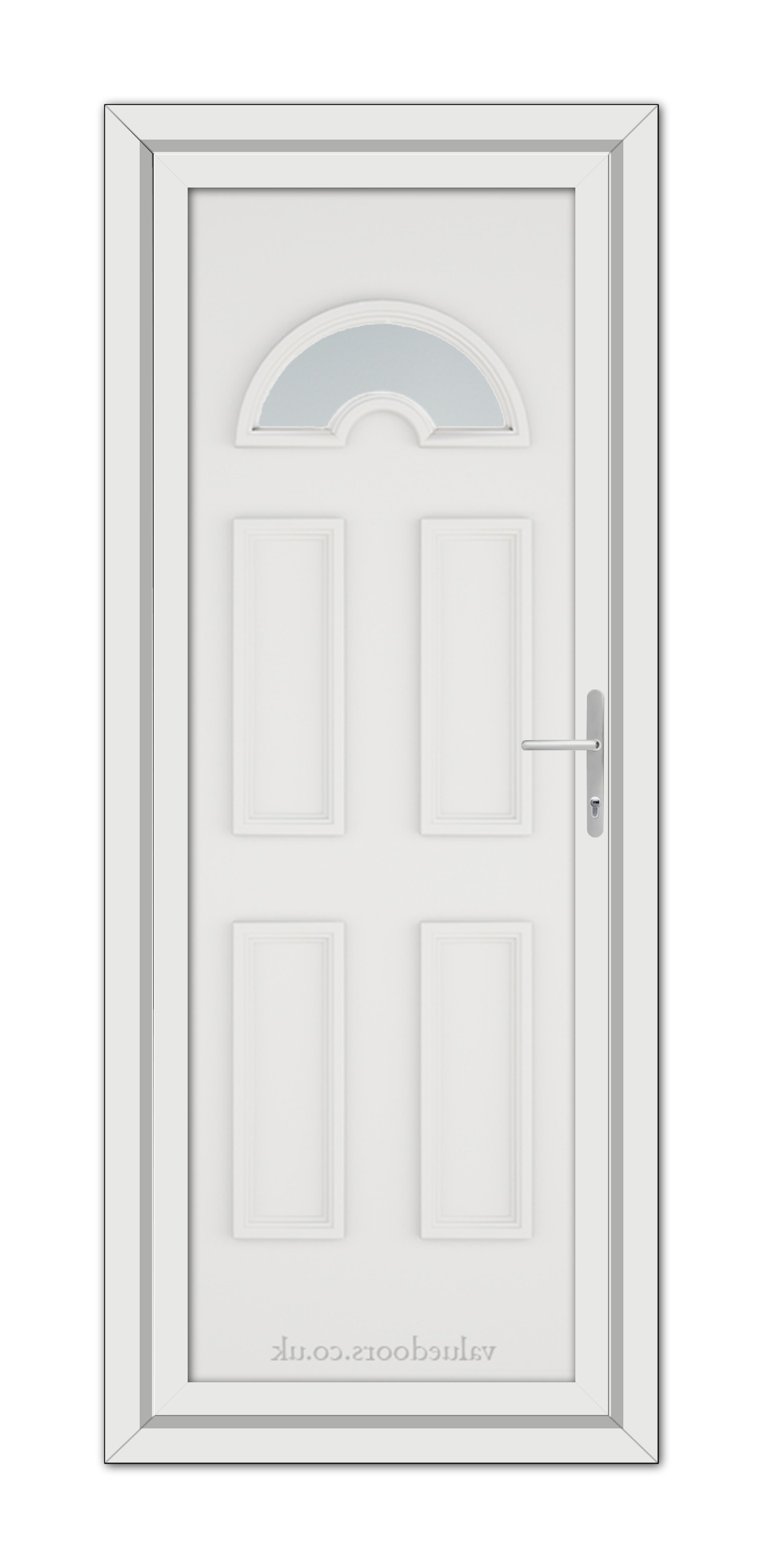A White Sandringham uPVC Door with four recessed panels, a silver handle, and a fanlight window, set within a gray frame.