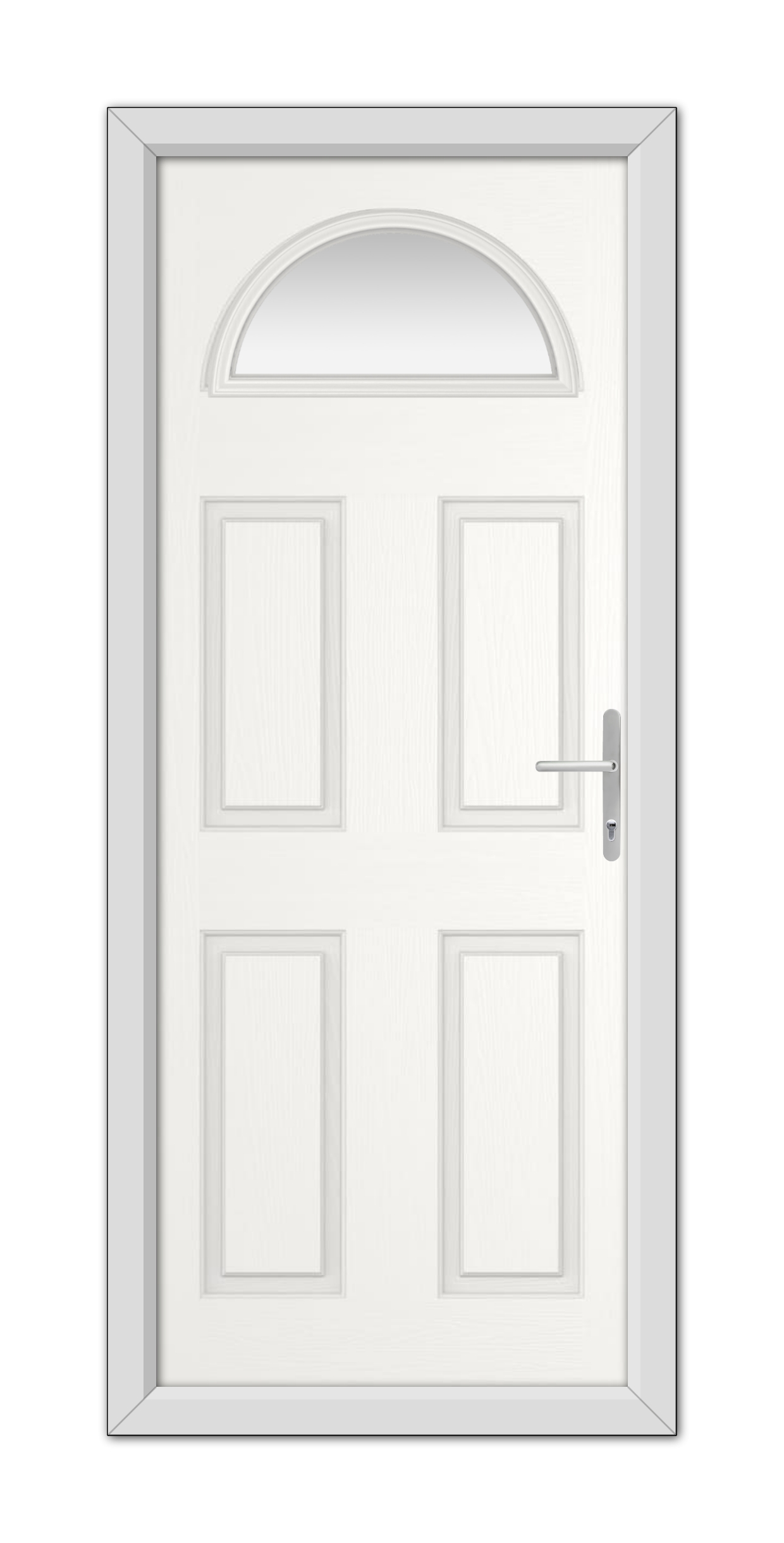 White Seville Solid uPVC door with six panels and an arched window, featuring a stainless steel handle, isolated on a white background.
