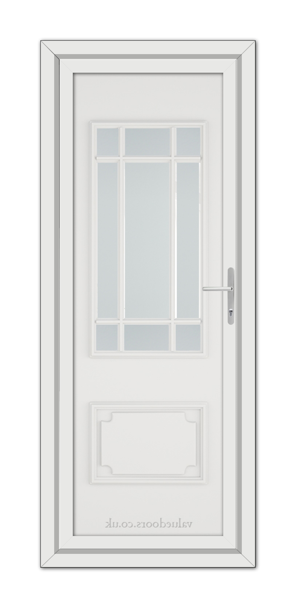 A White Seville uPVC Door featuring a vertical window with multiple glass panes near the top and a molded panel at the bottom, set in a simple frame.