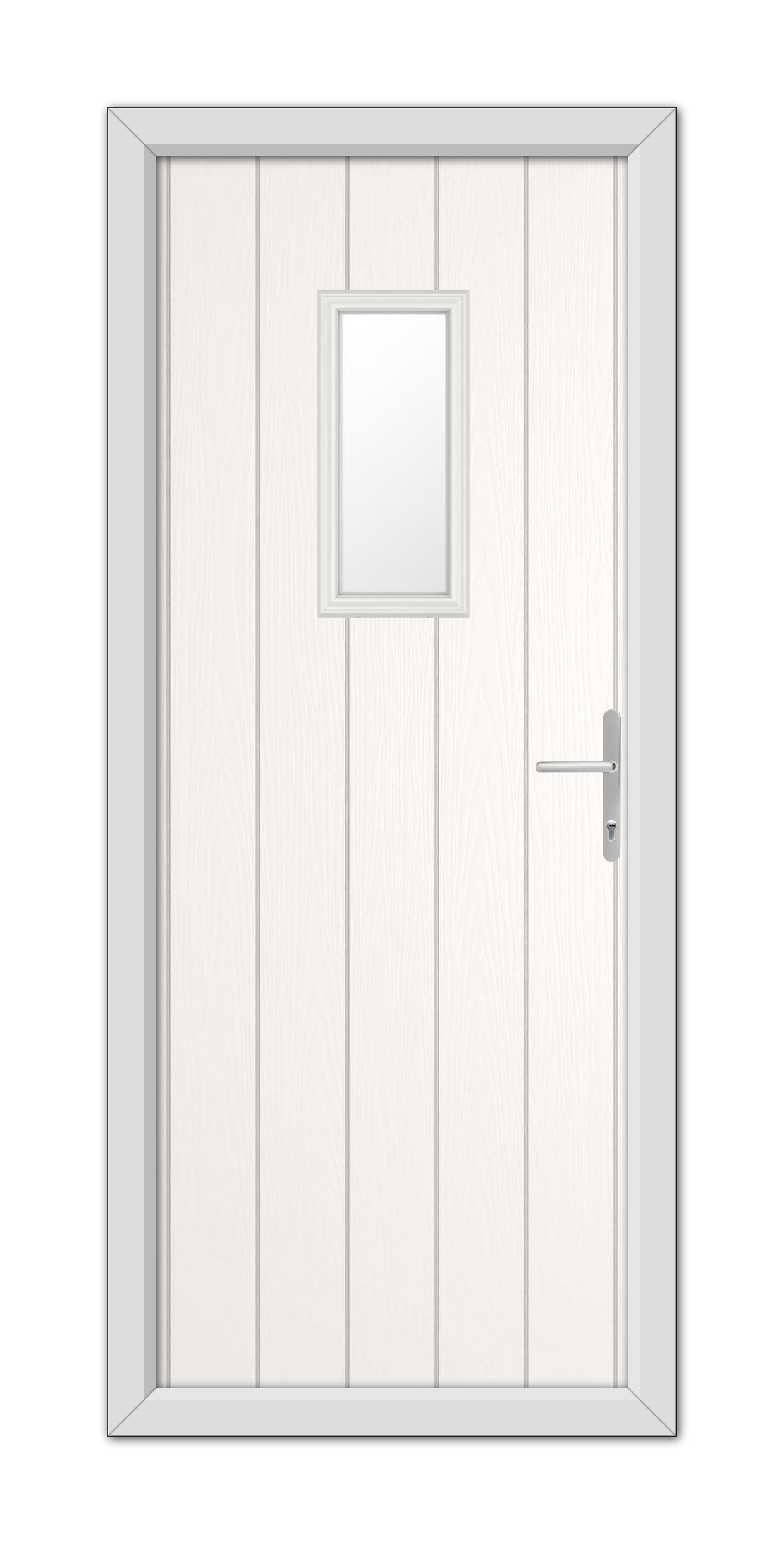 A modern, White Somerset Composite Door 48mm Timber Core with a small, centered rectangular window, equipped with a metallic handle, set in a simple frame.