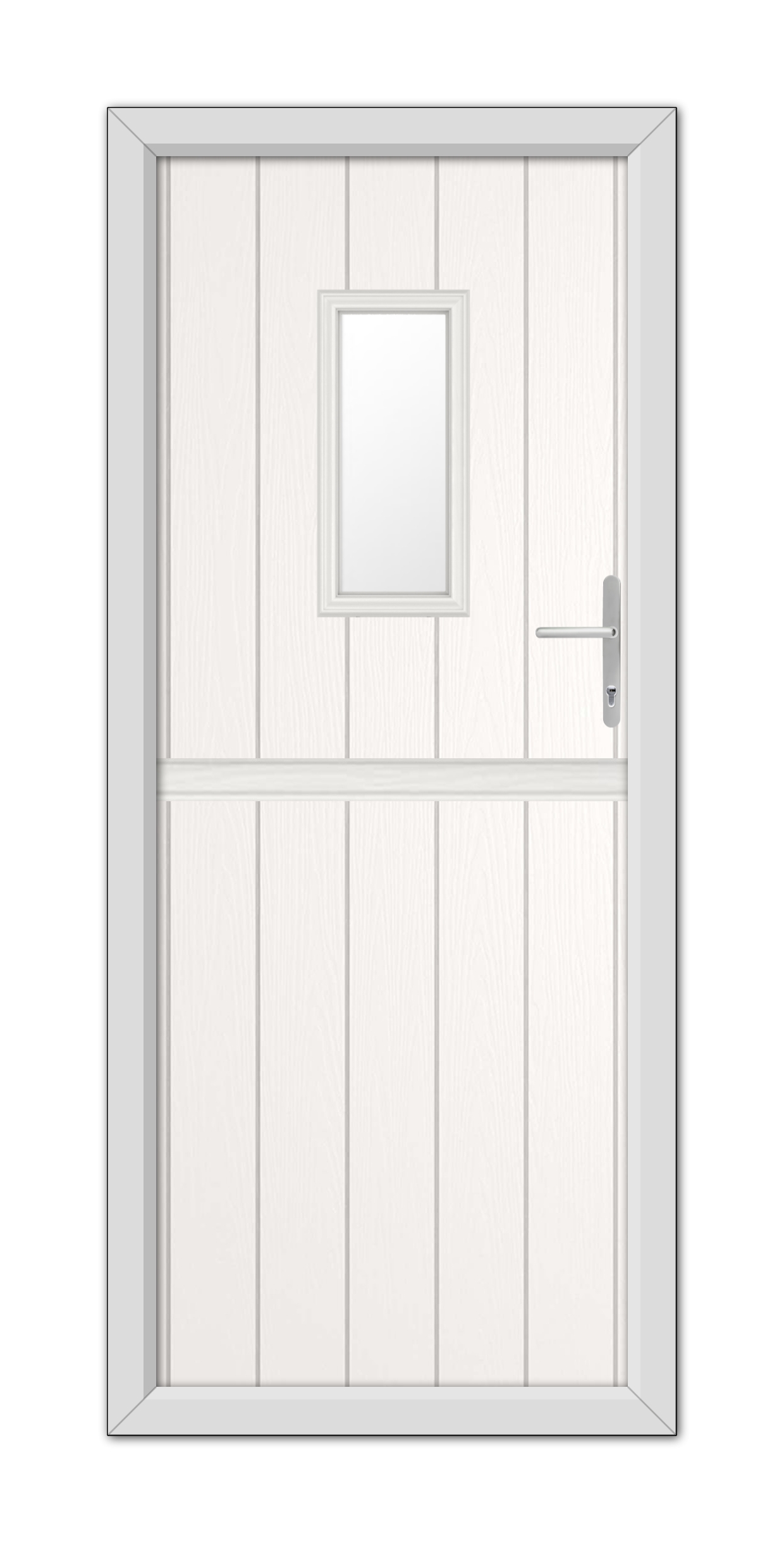 A modern White Somerset Stable Composite Door 48mm Timber Core with a rectangular glass panel at the top, a square frosted window in the center, and a metal handle, set within a white frame.