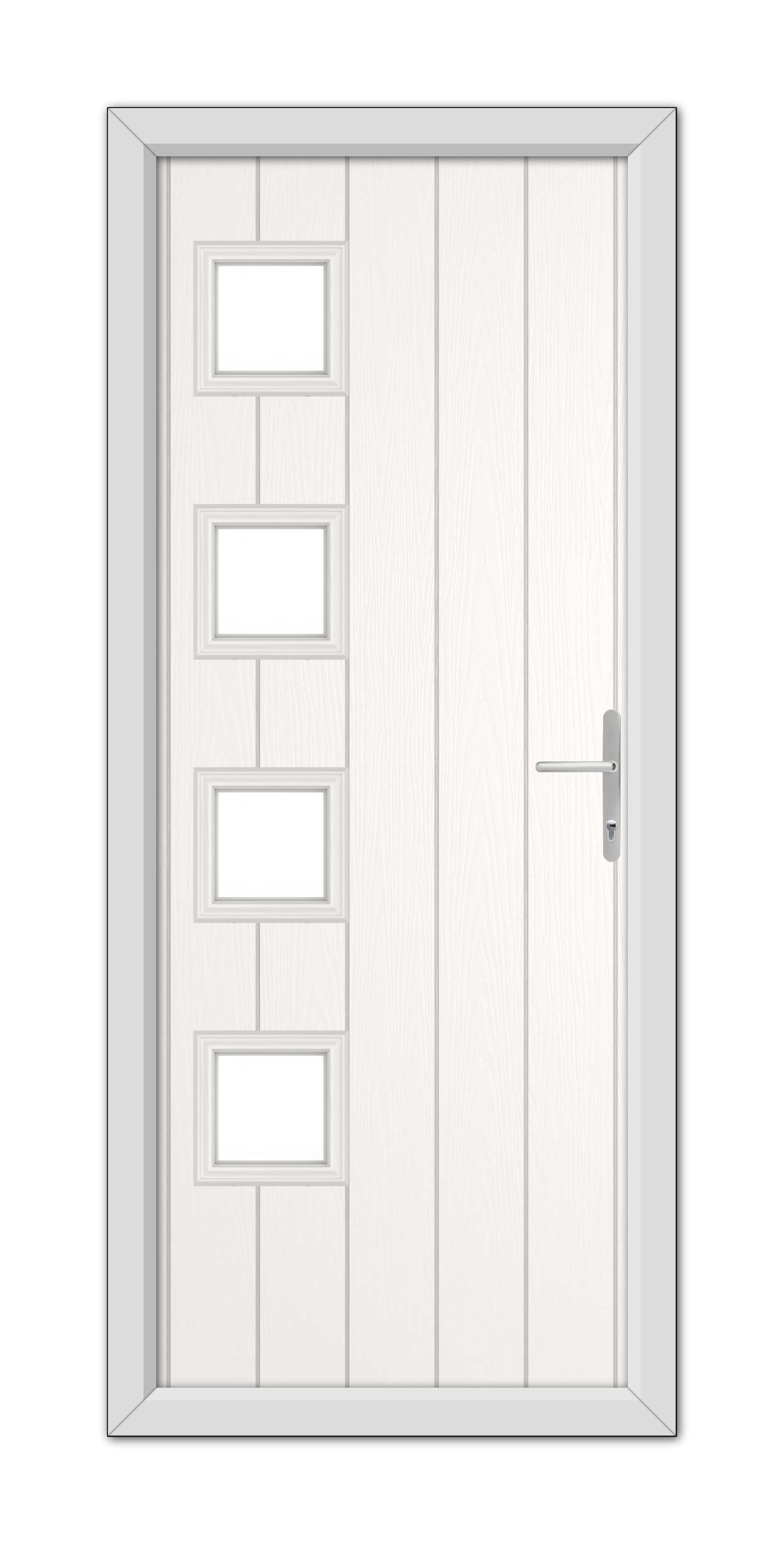 A modern White Sussex Composite Door 48mm Timber Core with a vertical handle and four horizontal glass panels, set within a simple frame.