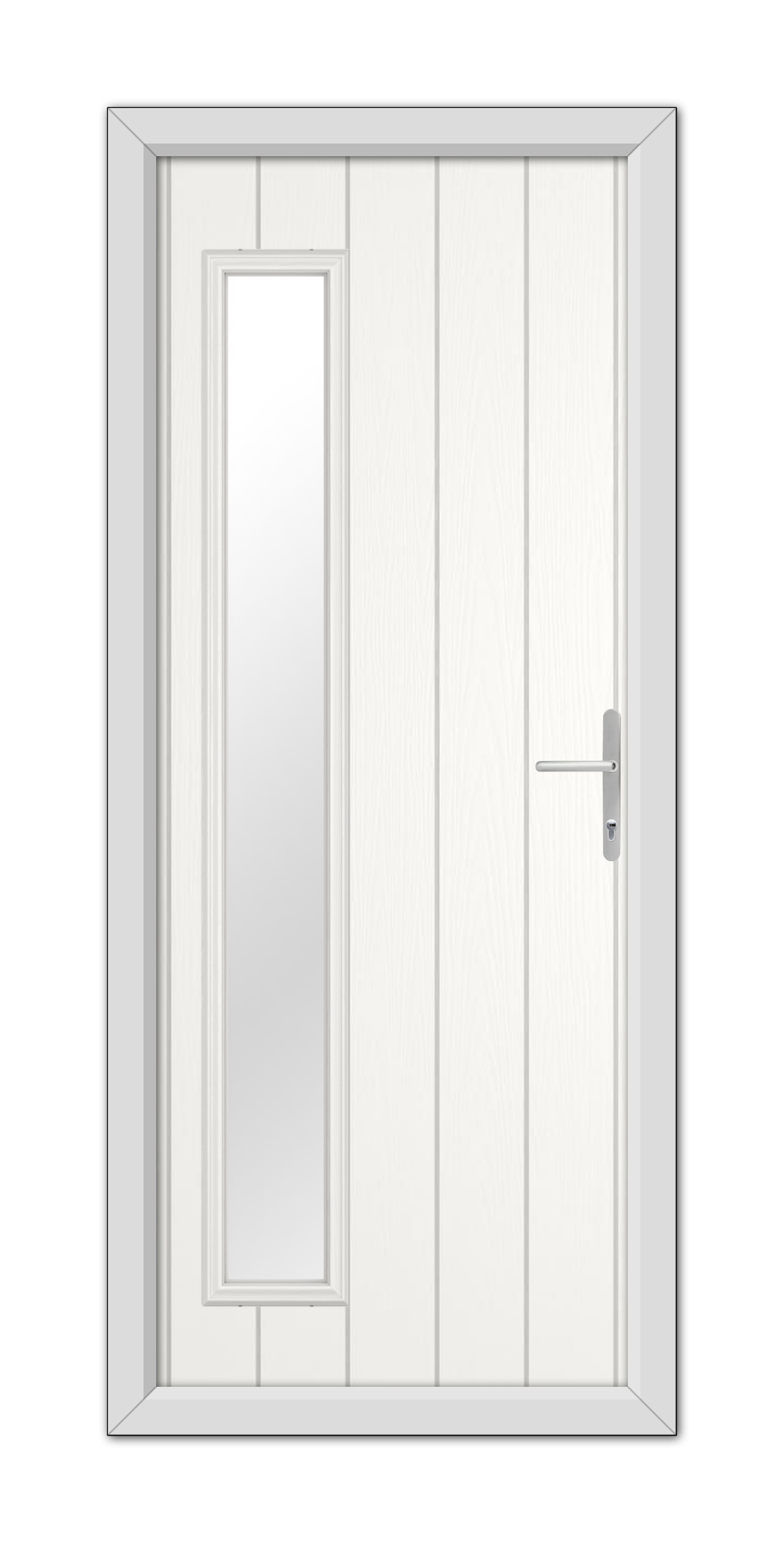 A White Sutherland Composite Door 48mm Timber Core with a vertical handle and a narrow vertical window on the left side, set in a grey frame.