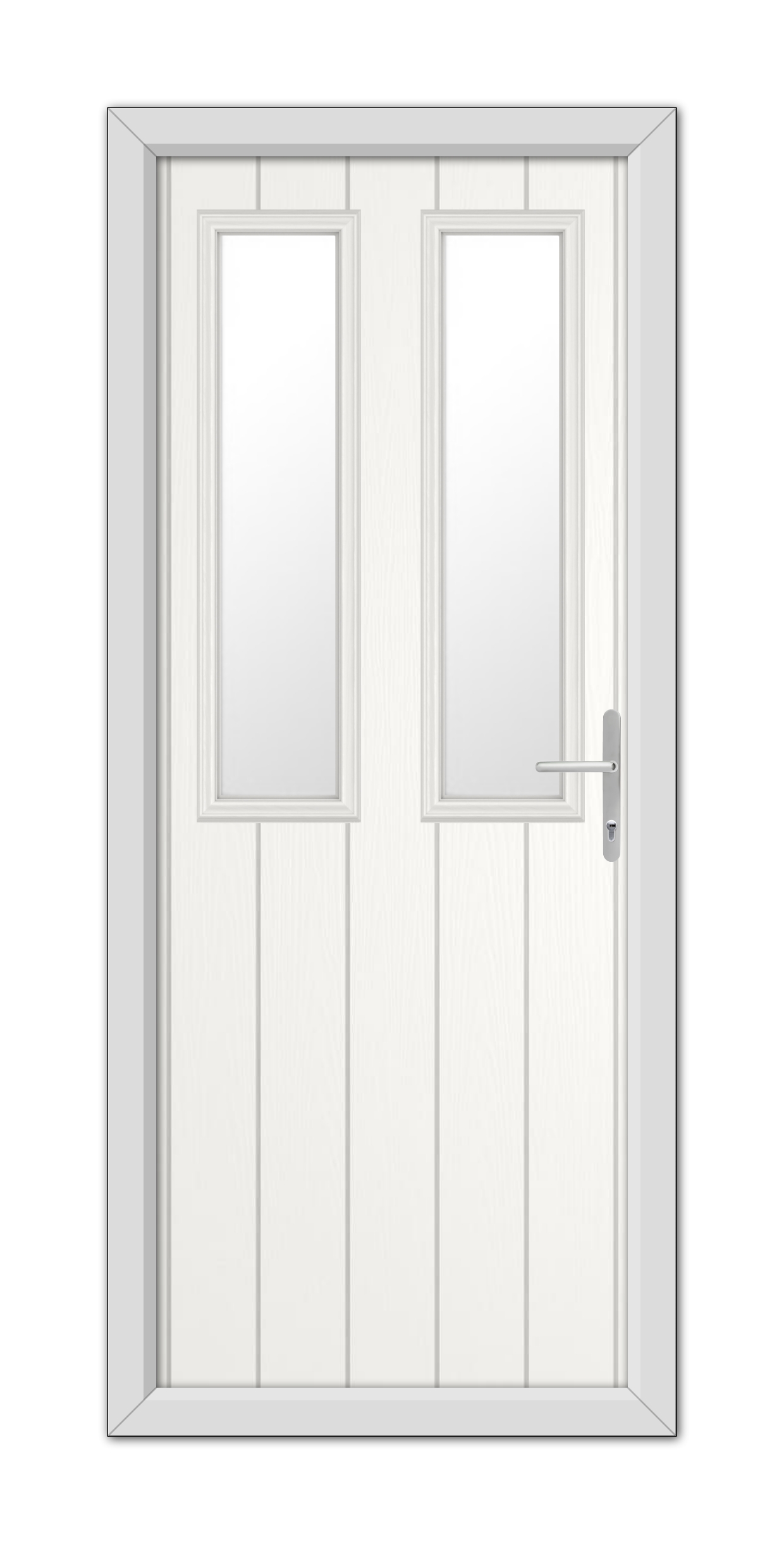 A double White Wellington Composite Door 48mm Timber Core with glass panels and a modern handle, set within a simple frame.