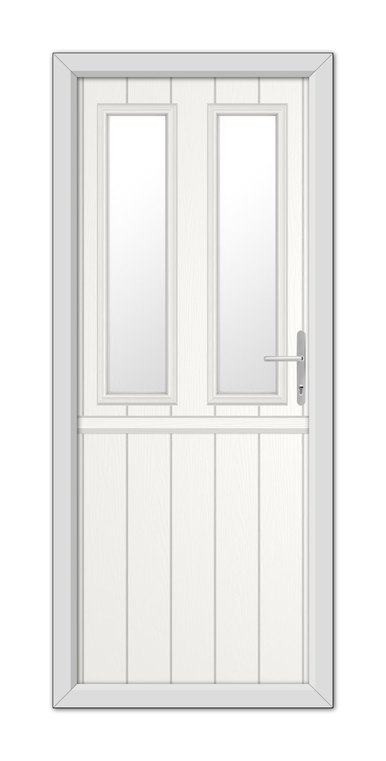 White Wellington Stable Composite Door with a metallic handle on the right side, featuring upper half glass panels in a grey frame.