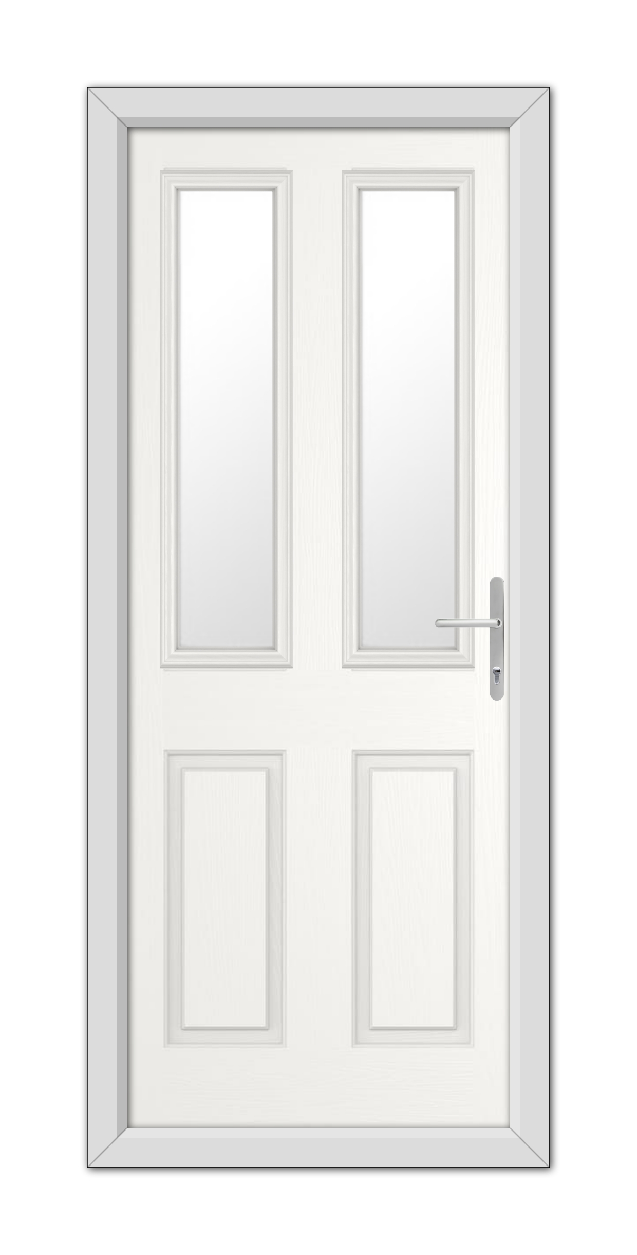 White Whitmore Composite Door 48mm Timber Core double door with rectangular panels and a silver handle, set within a simple frame, isolated on a white background.